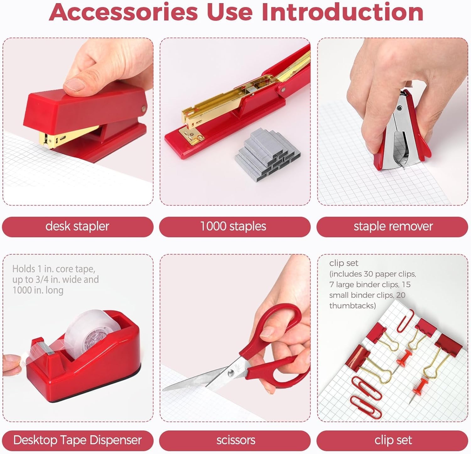 Red Office Supplies Set, Desk Accessories, Stapler, Tape Dispenser, Scissors,…