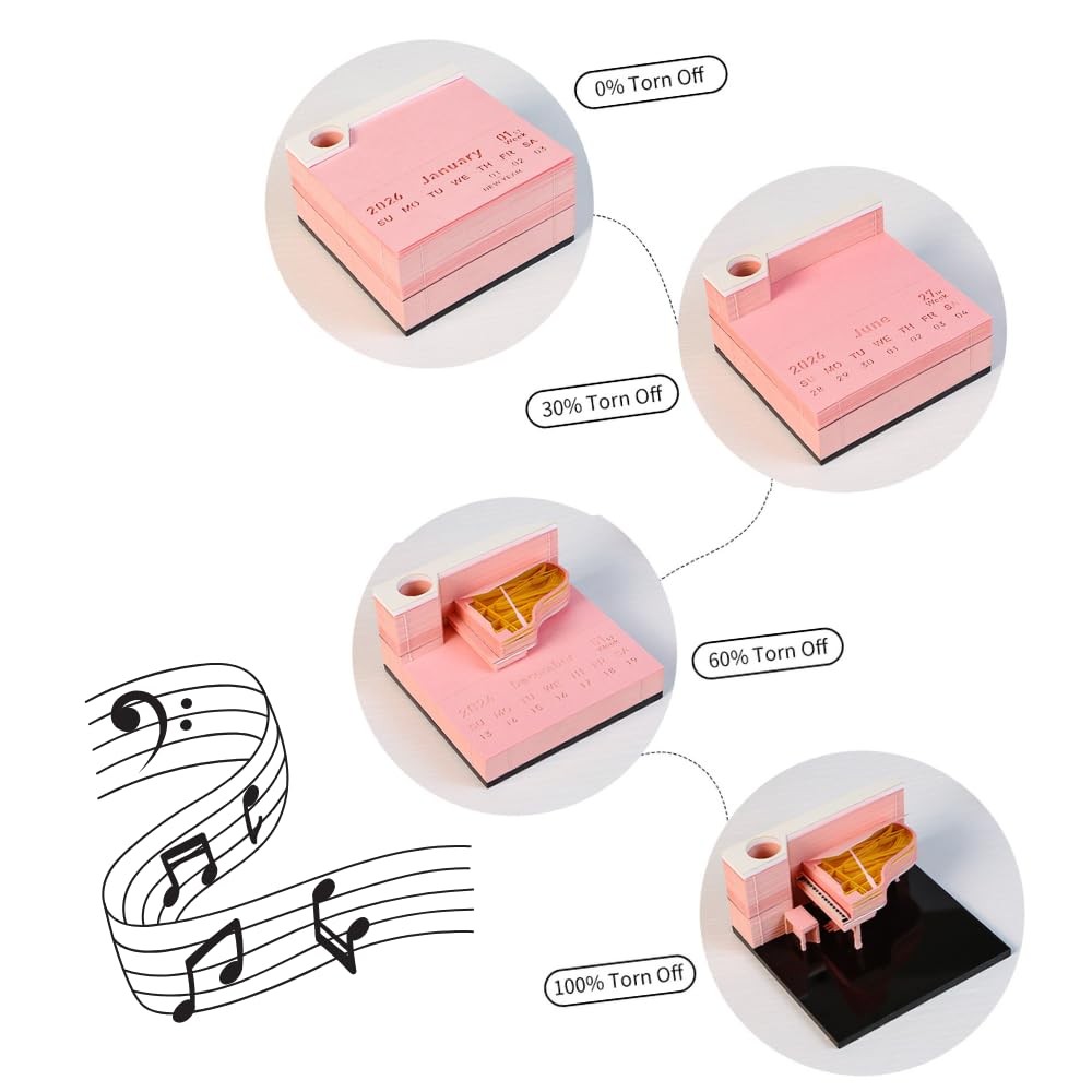 Time Piece Calendar, 3d Memo Pad Creative Desk 2026 Calendar Pink Piano