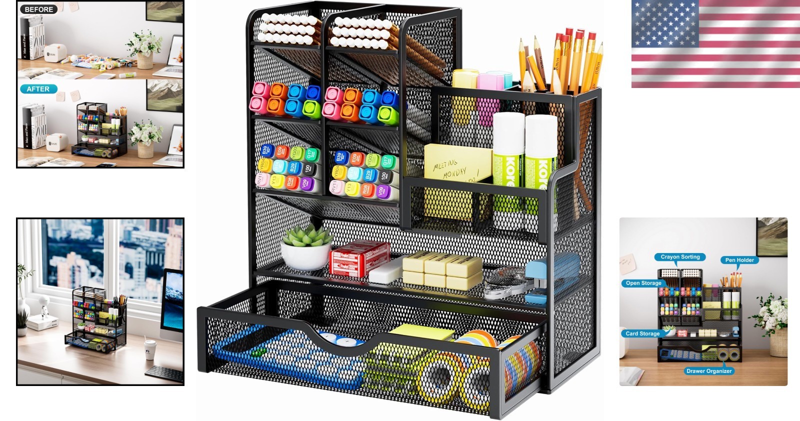 Black Rectangular Desk Organizer with Drawer – Perfect for Stationery & Crafts