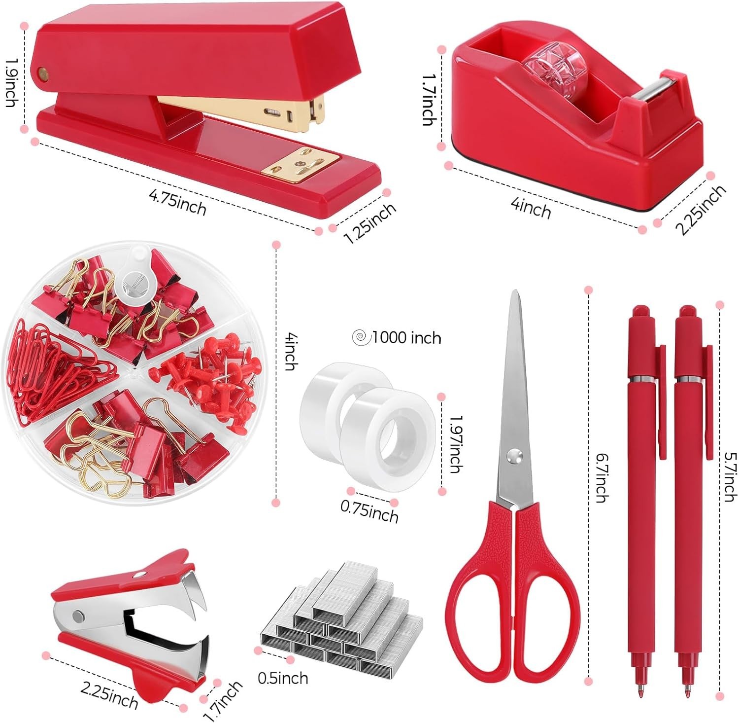 Red Office Supplies Set, Desk Accessories, Stapler, Tape Dispenser, Scissors,…