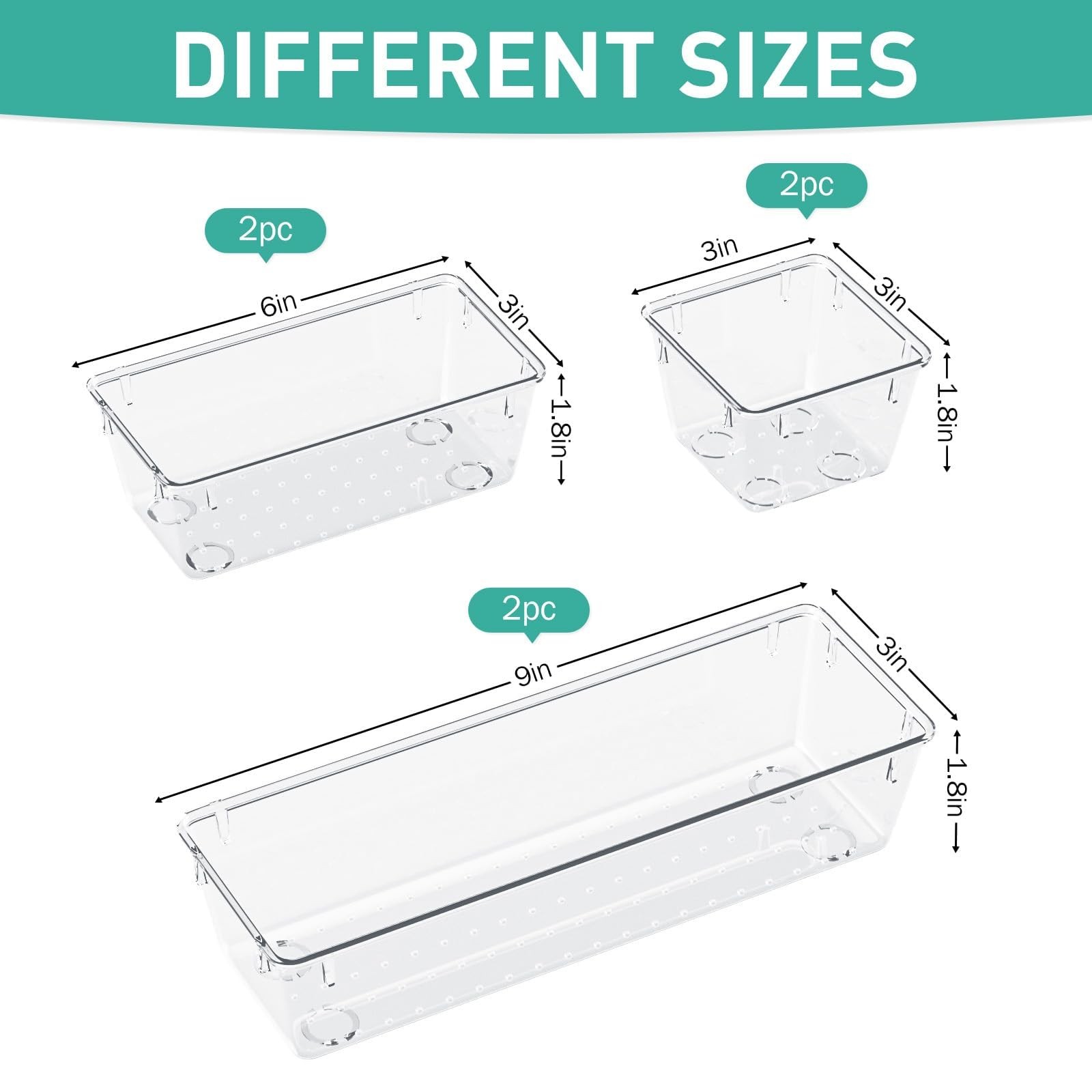 6 Pack Clear Acrylic Drawer Organizer Trays for Makeup, Office, Utensils