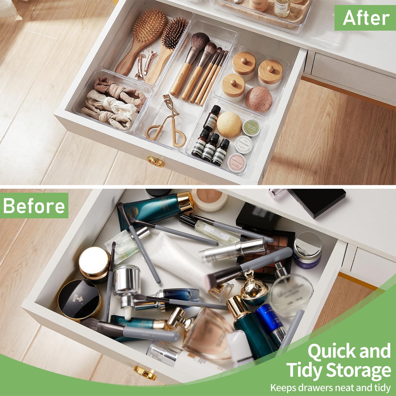 6 PCS Clear Plastic Drawer Organizer, Large 15″ X 6″ 3-Size Acrylic Stackable…