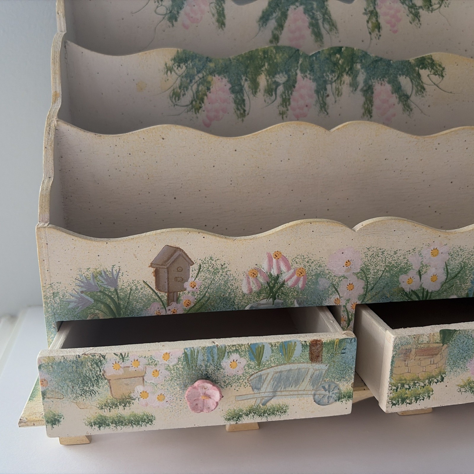 Cottage core Handpainted garden floral Wood Desk Caddy 10 X 5.25 x 8.5″