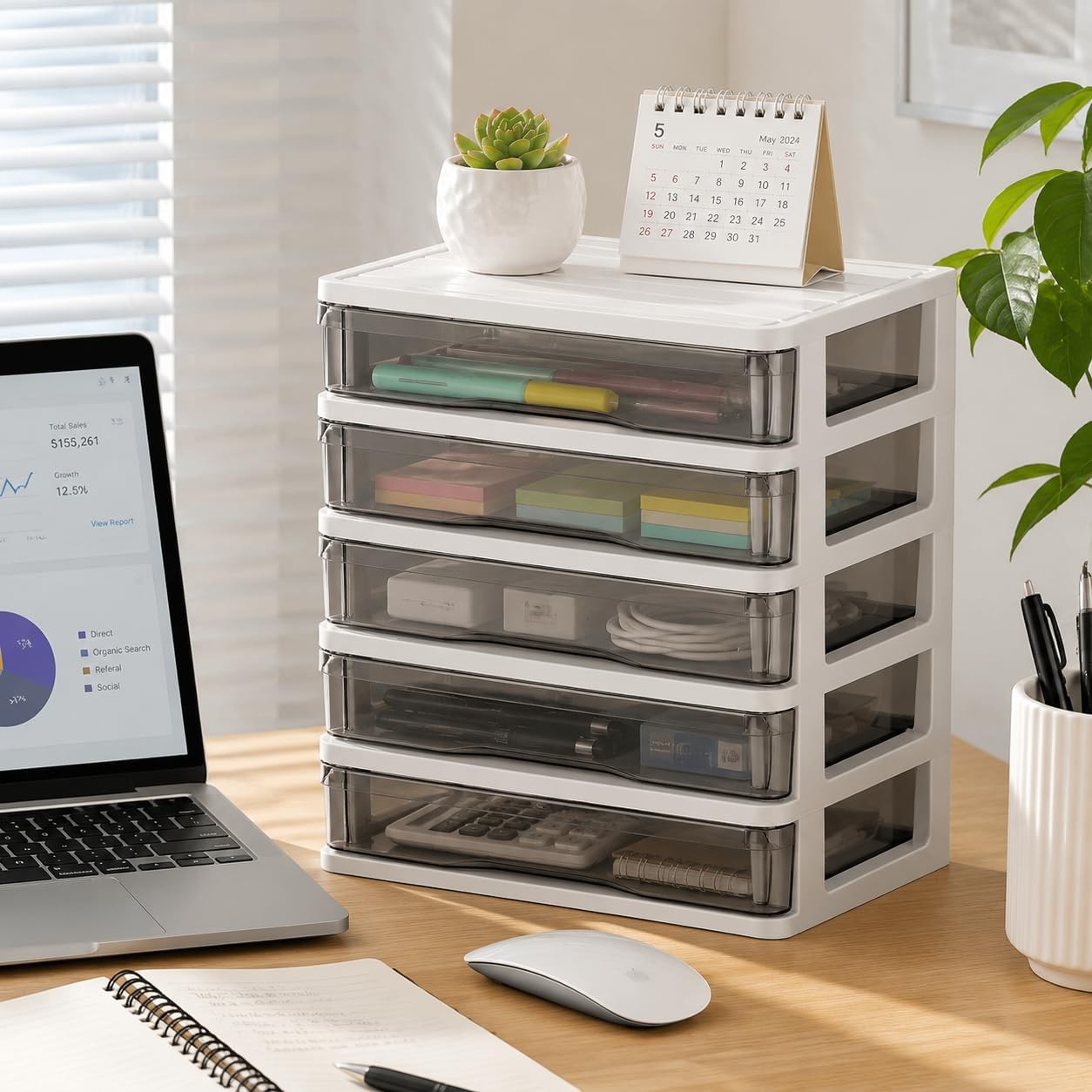 DEAYOU 5 Drawer Desktop approx. 9.3″ L x 7.1″ W x 10.3″ H, White,Clear