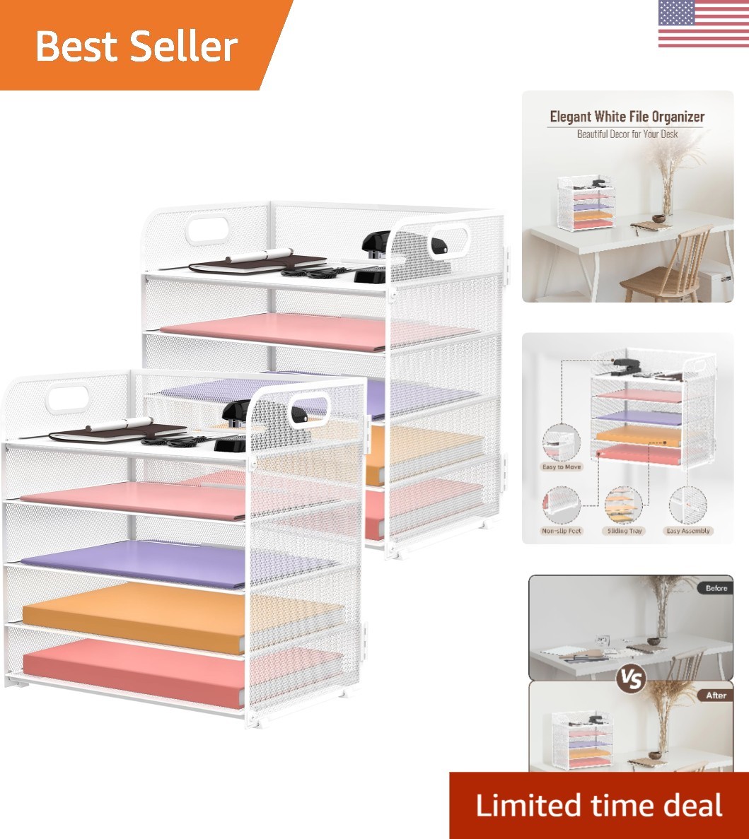 Elegant White 2-Pack 5-Tier Desk Organizer with Handle for Stylish Efficiency