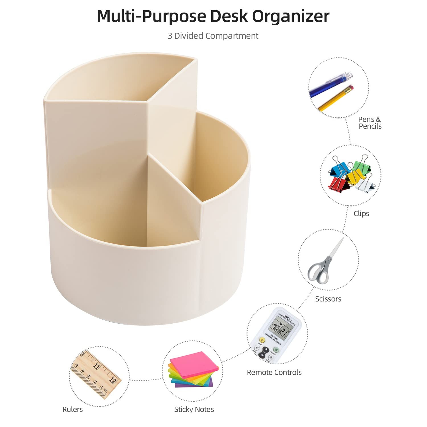 Desk Pencil Pen Holder, 3 Slots 360-Degree Spinning Organizers, Desktop White