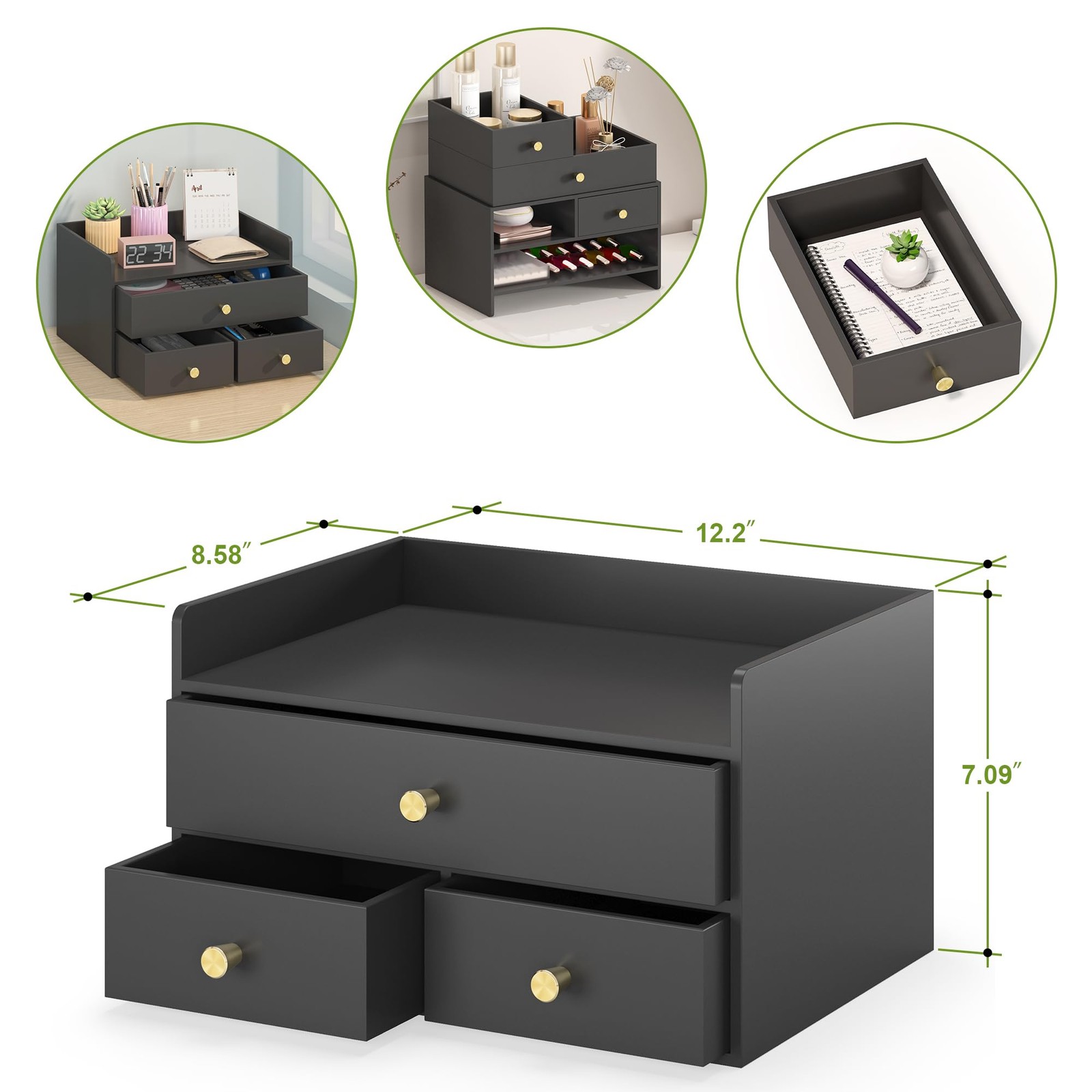 Bamboo Desk Organizer with Drawers Wooden Desktop Storage Black 3