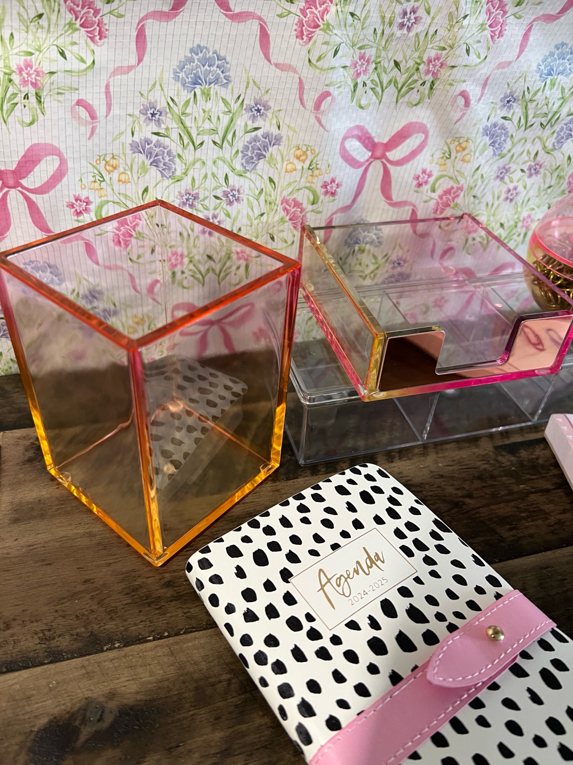 Acrylic Desk Organizer Set Pink Orange Pen Holder Note Holder Cute