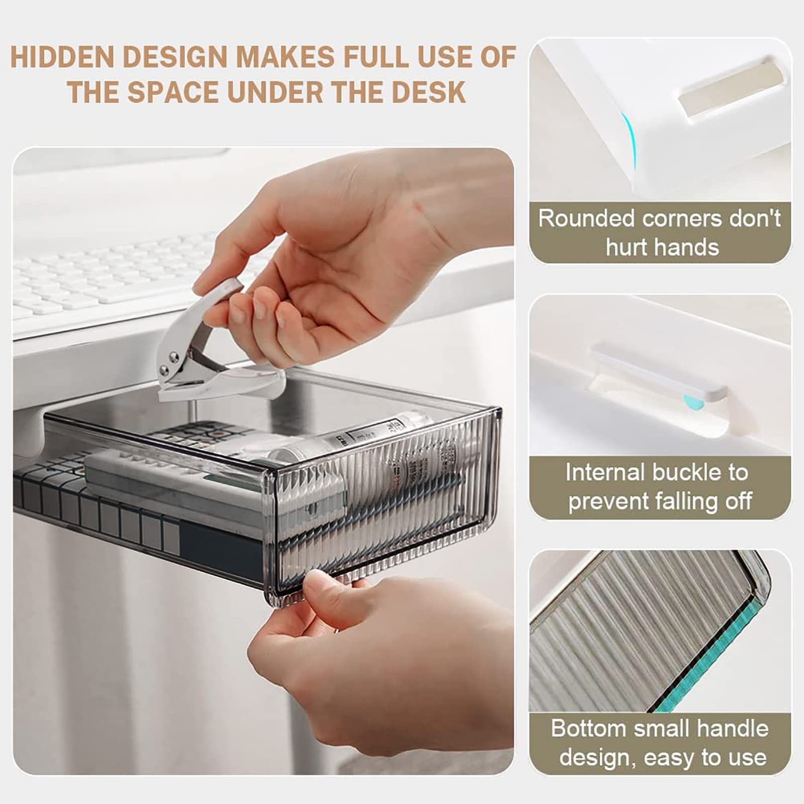 2Pcs Under Desk Storage Drawers Slide OutLarge&Medium Stick On Desk Drawer Or…