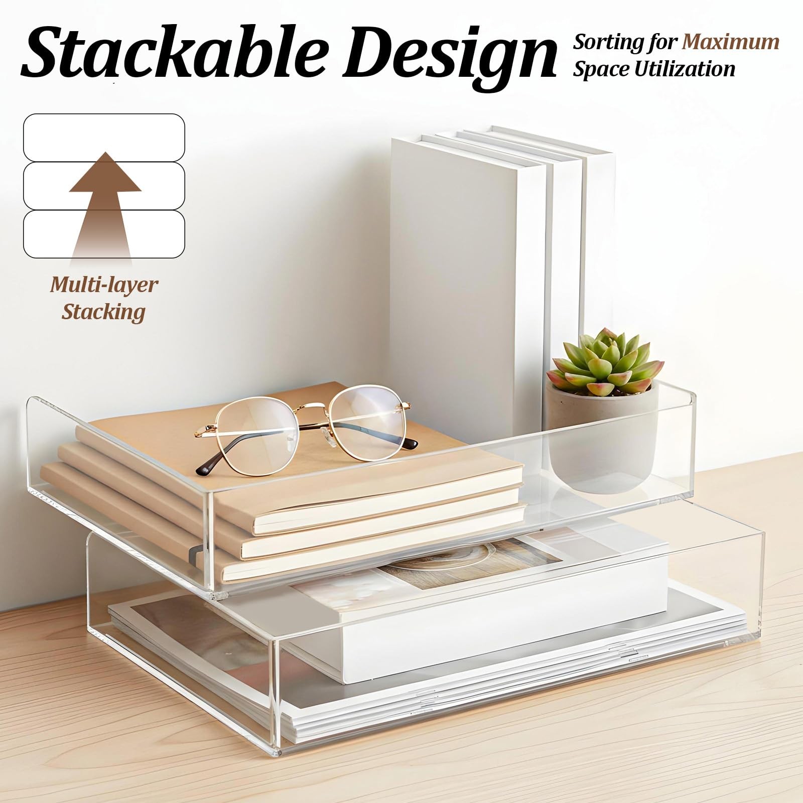 2 PCS Clear Acrylic Stackable Paper Letter Tray File Organizer 12.4×8.7×2.75