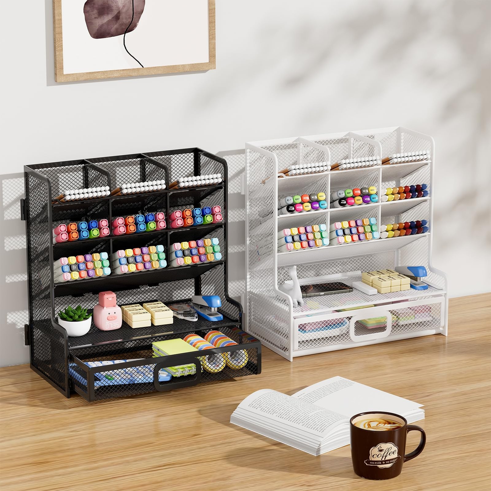 Larger Mesh Desk Organizer with Drawer, Multi-Functional Pen Pencil Holder, E