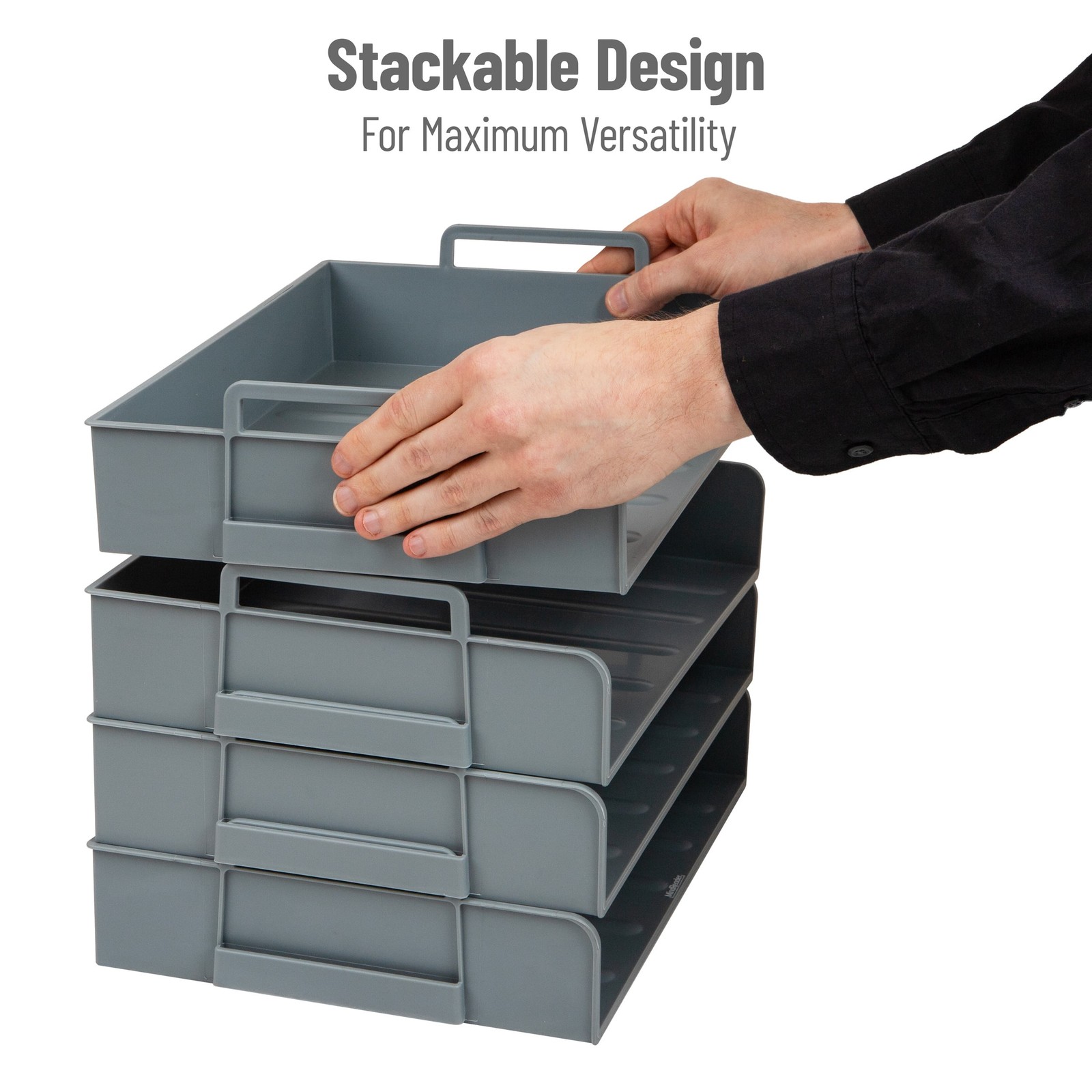 4-Pack Gray Plastic Stackable Paper Tray, Desktop Organizer 13.75x10x10.75″