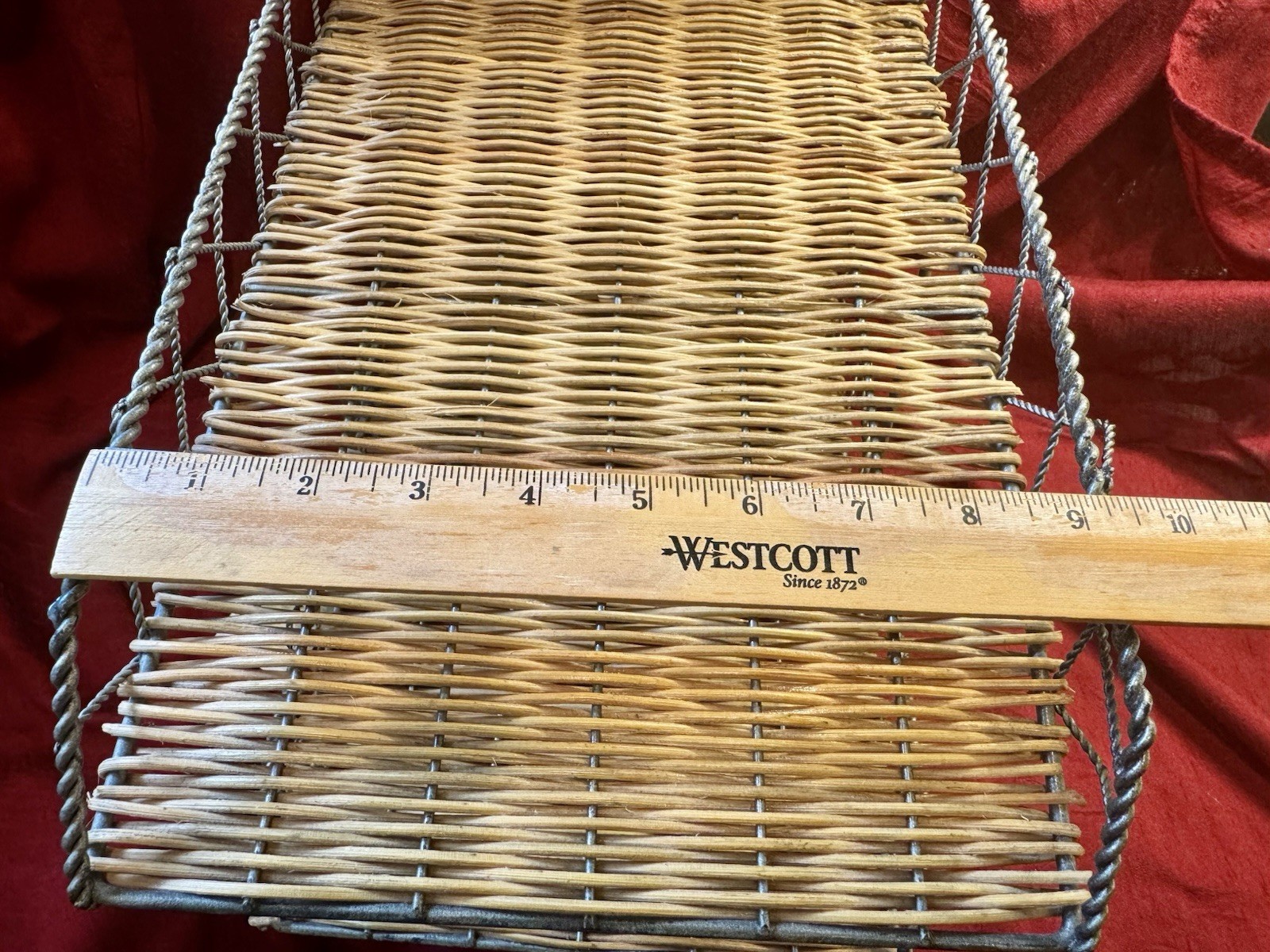Vintage Double Tier Boho Woven Wicker And Metal Letter Tray / Desk Organizer