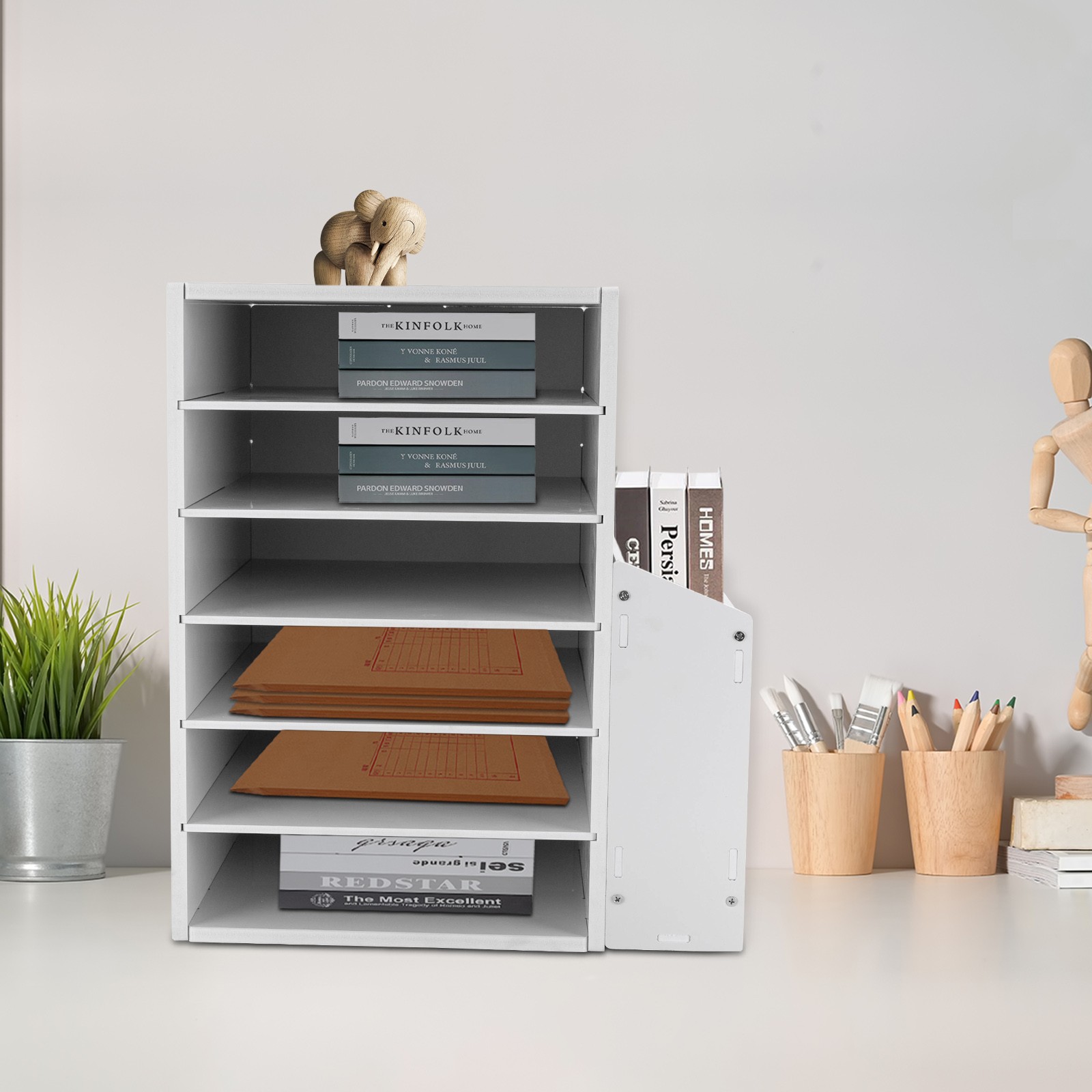 6 Tier Desktop Organizer PVC Board File Holder with Side Cabinet White