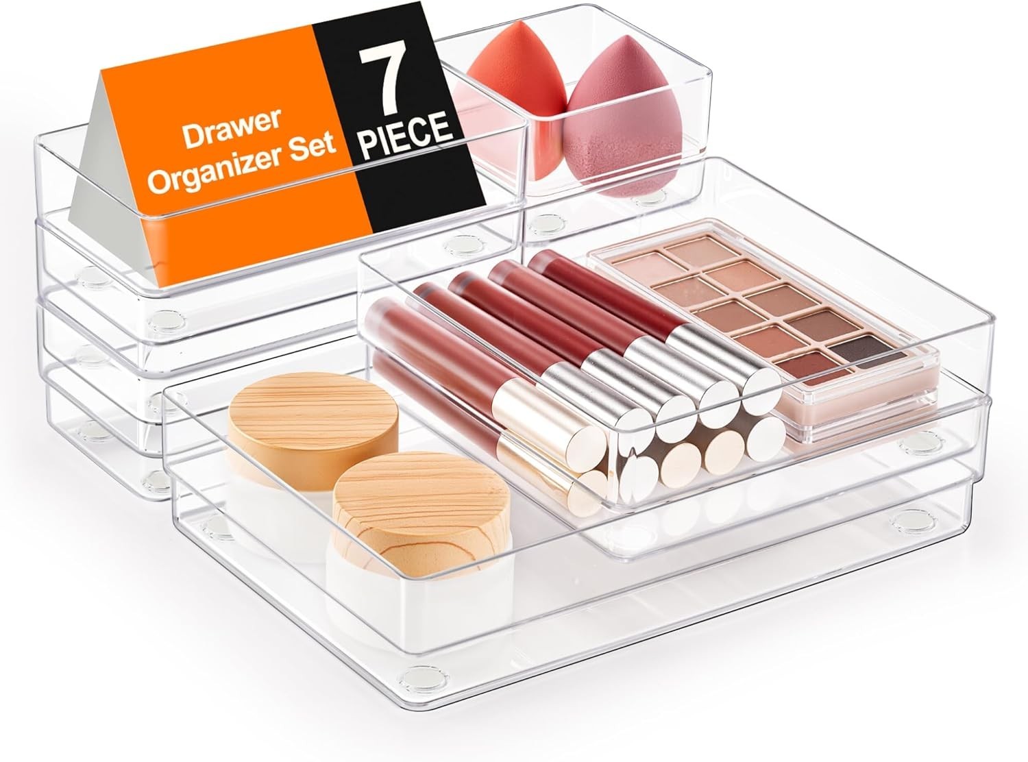 7-Piece Drawer Organizer with Non-Slip Silicone Pads, 4-Size Desk Drawer Orga…