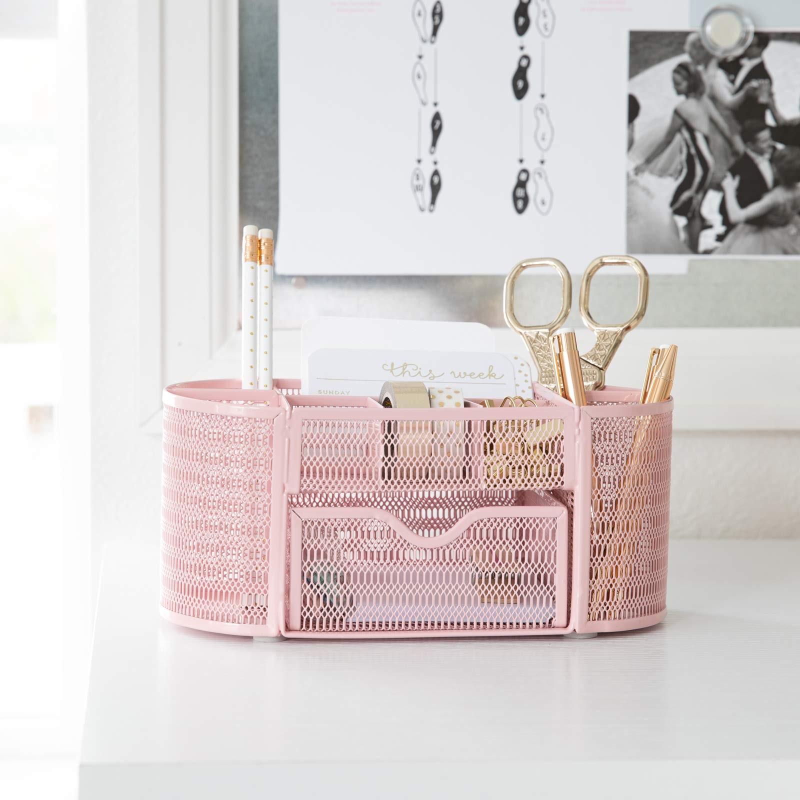 Pink Metal Mesh Desk Organizer with Compartments