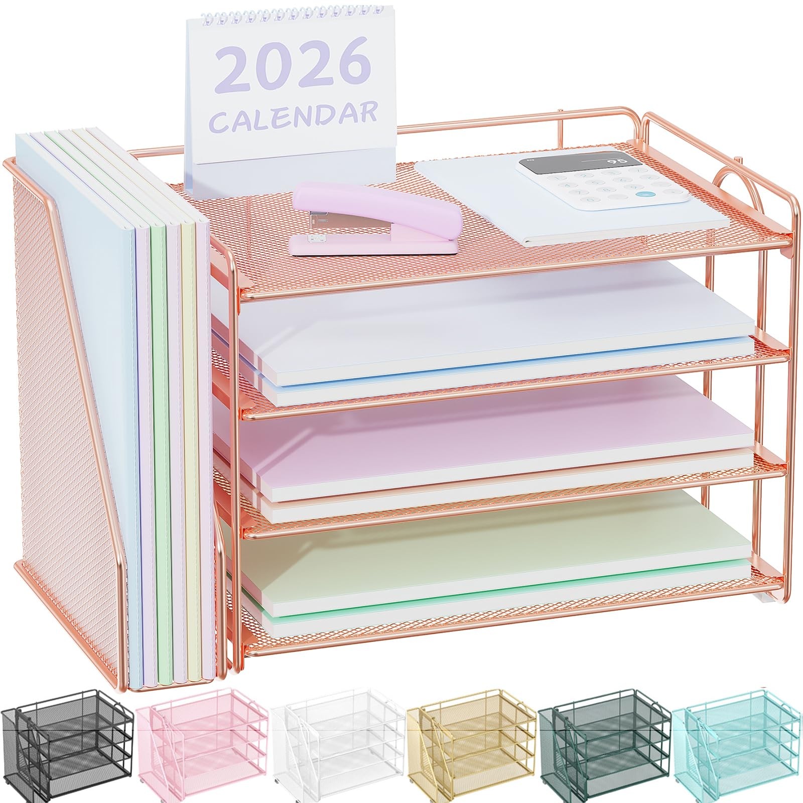 Rose Gold Desk Organizer with File Holder, Office Supplies Organizer