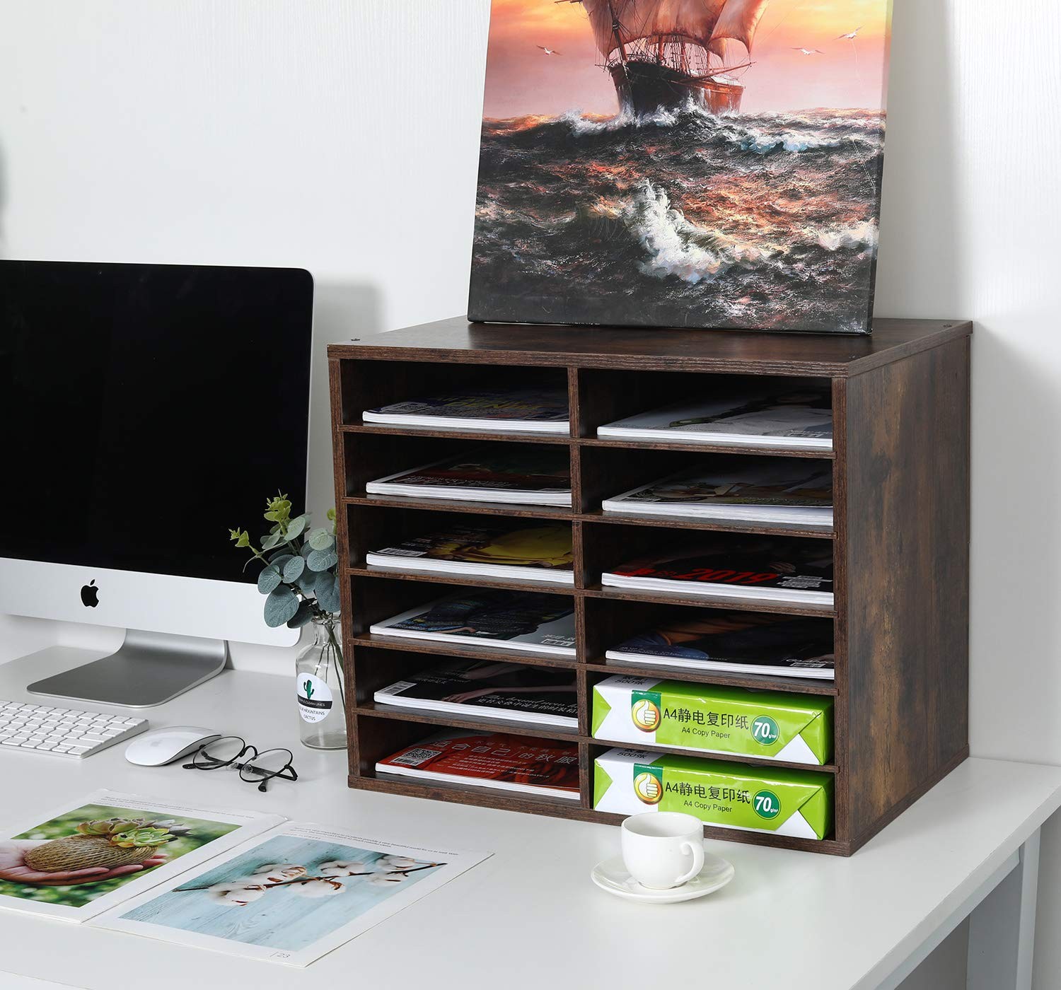 12 Compartments Wooden Literature Organizer with Adjustable Shelves, 6000 She…