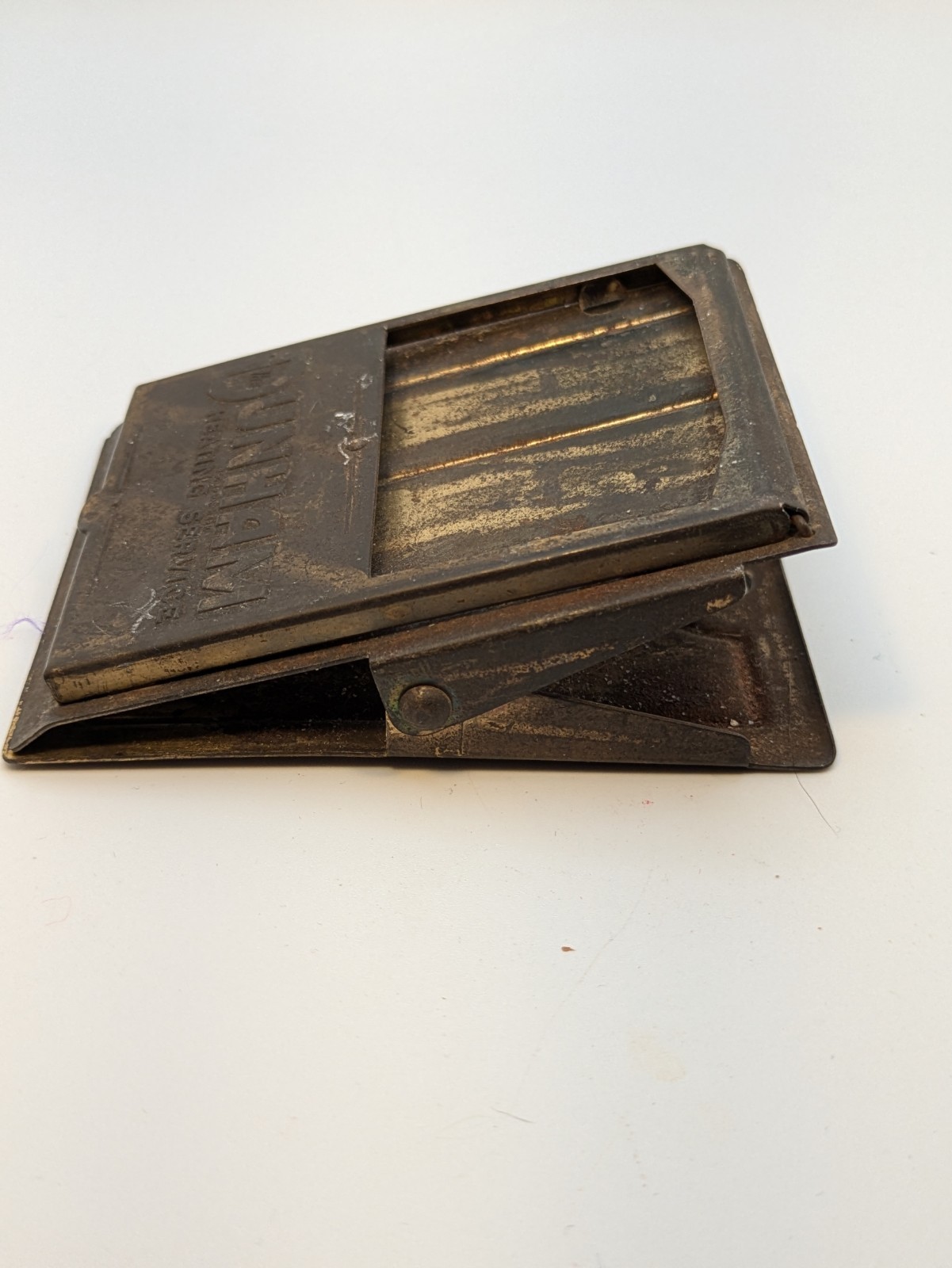 Vintage Brass The Dunham Heating Service Advertising Desk Clip w Lift Up Window