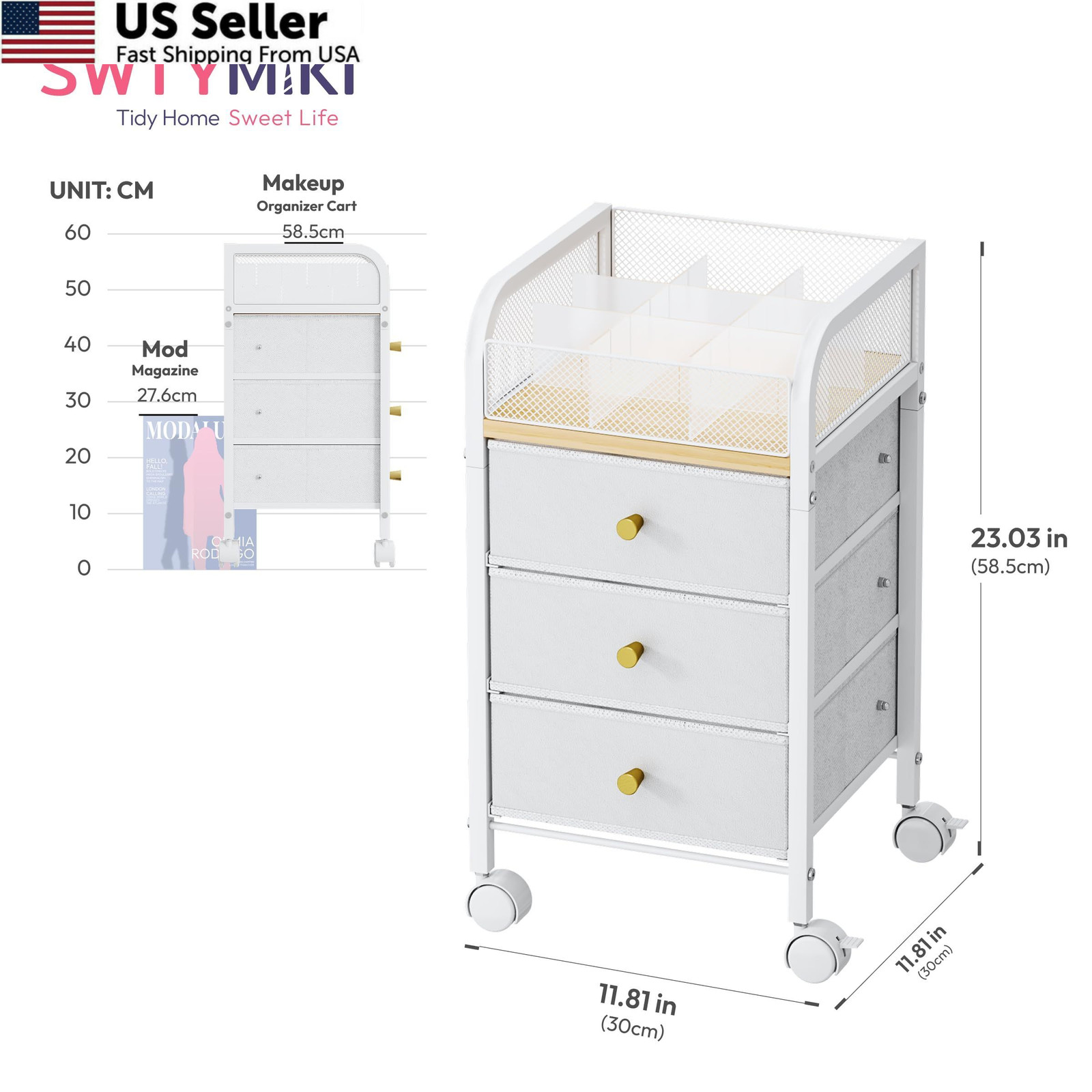 SWTYMIKI Rolling Makeup Organizer Cart – Under Desk Vanity 4-Tier, White