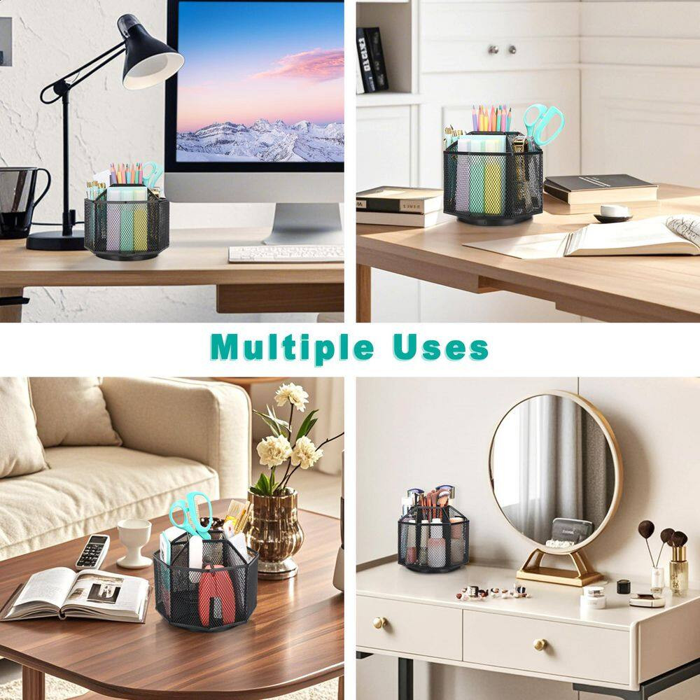 Mesh Desk Tidy Pen Holder Multifunctional Organiser 360 Rotation Large Capacity
