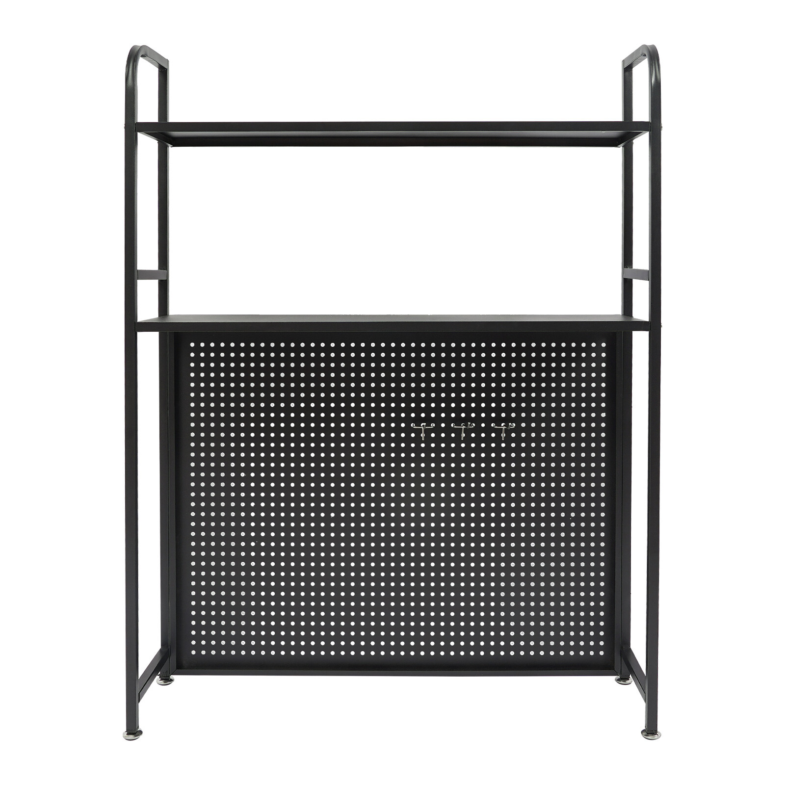 2-Tier Desktop Storage Rack with 3 Hooks, Black Carbon Steel Tabletop Shelf