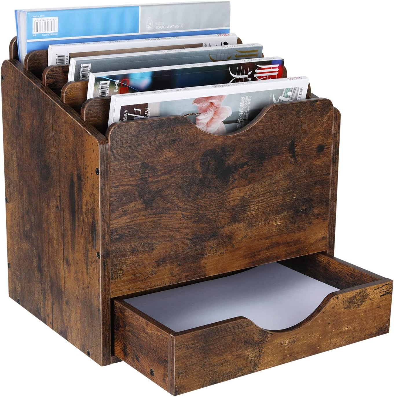 Wood Desktop File Holder Organizer Mail Sorter with Drawer, for File Folders, Ma