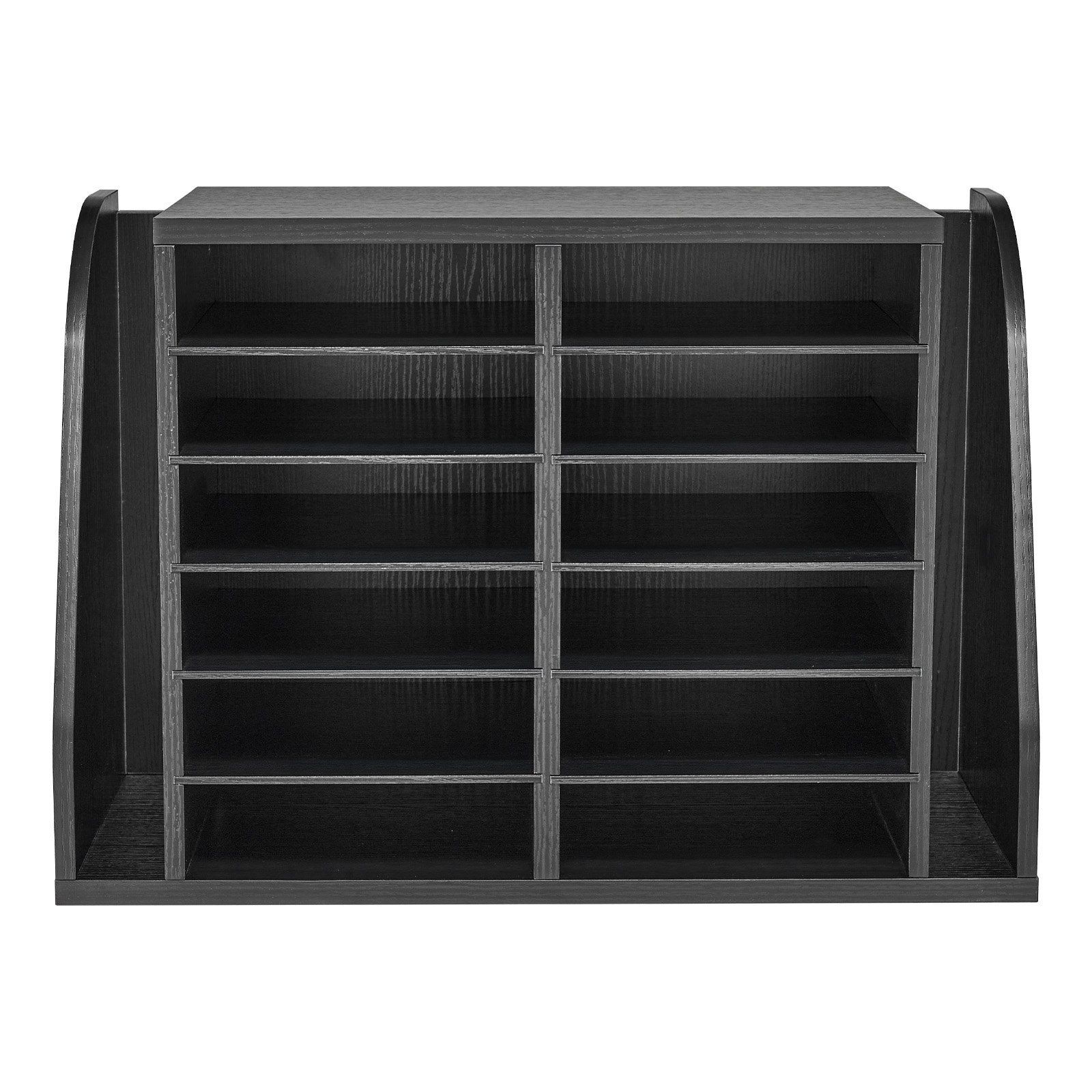 Desktop Literature Organizer – 12 Slot Wooden Sorter, Side Storage, Black Finish