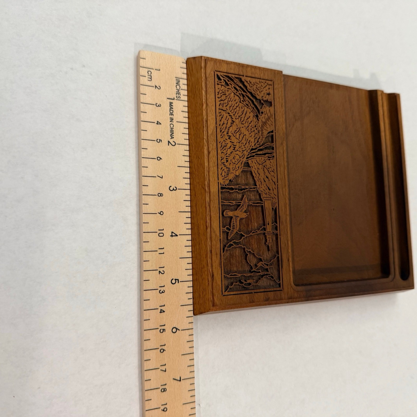 Lasercraft Walnut Coastal Lighthouse Seagull Desktop Note Pen Caddy Carved Wood