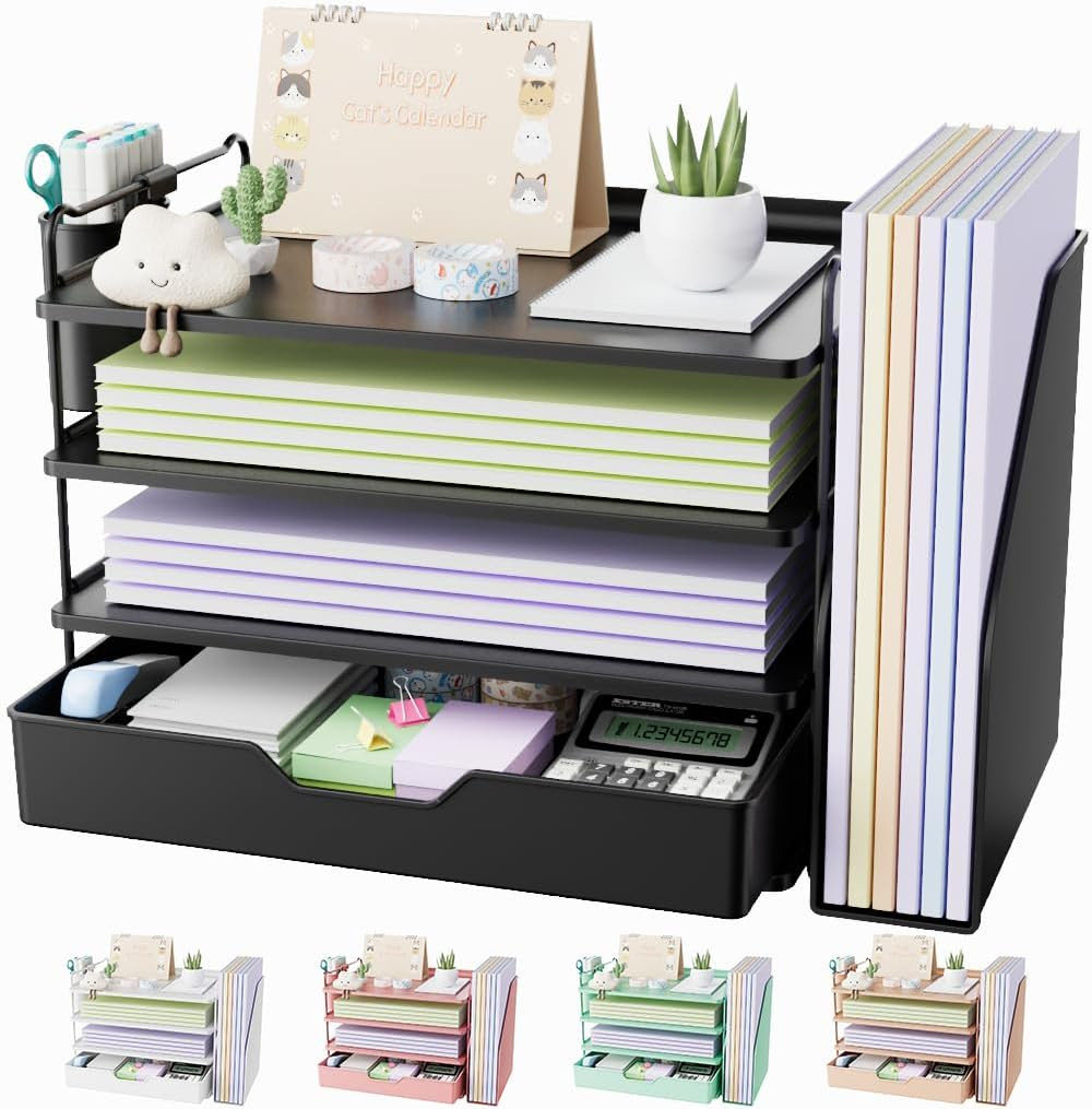 4 Tier Desk Organizer with Drawer & Pen Holder 13.3″ x 8″ x 10.8″ Black