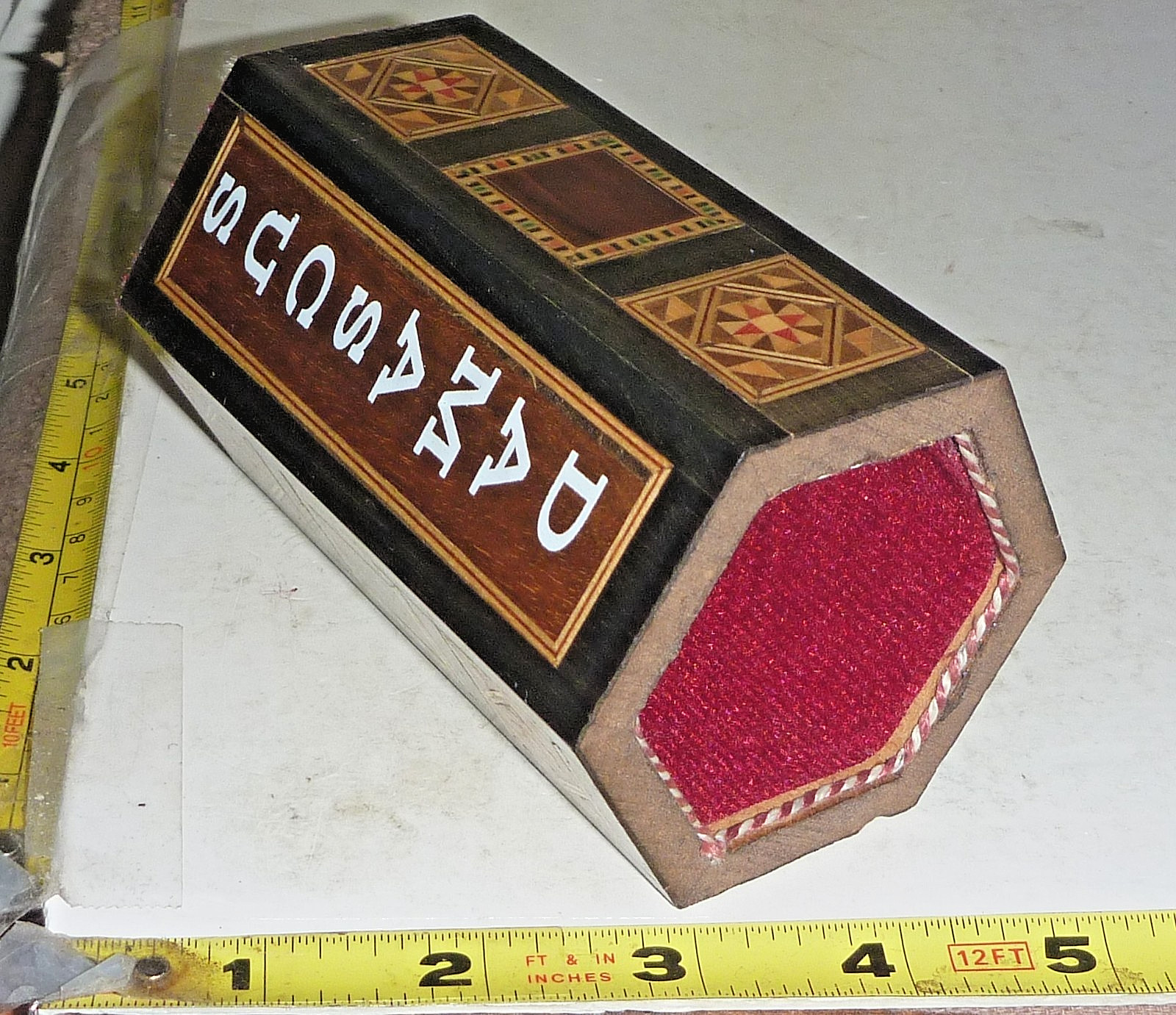 Vtg Inlaid Wood DAMASCUS Hexagonal Pencil Holder – Felt Lined ~4½” H