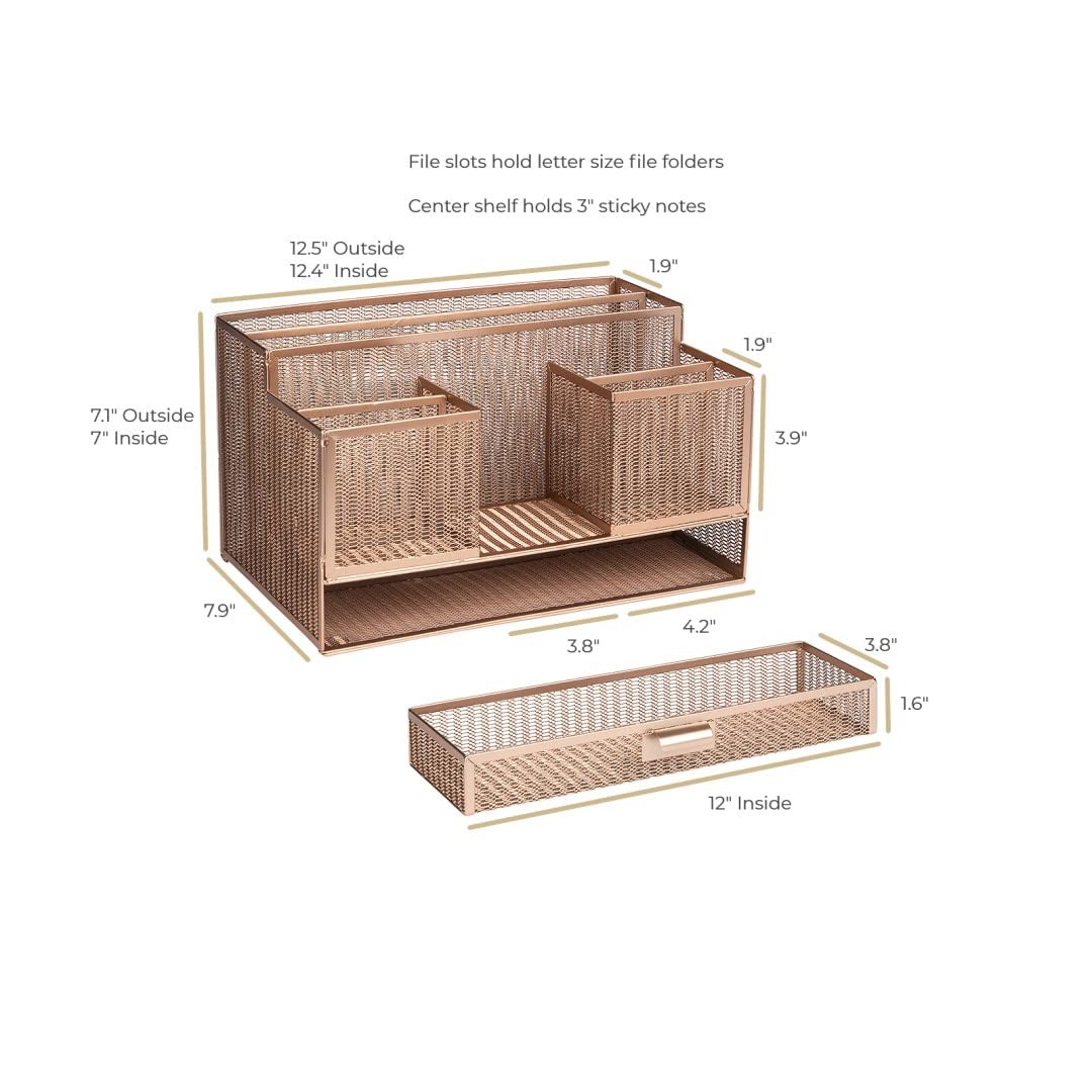 BLU MONACO | Rose Gold Desk Organizer with Sticky Note & File