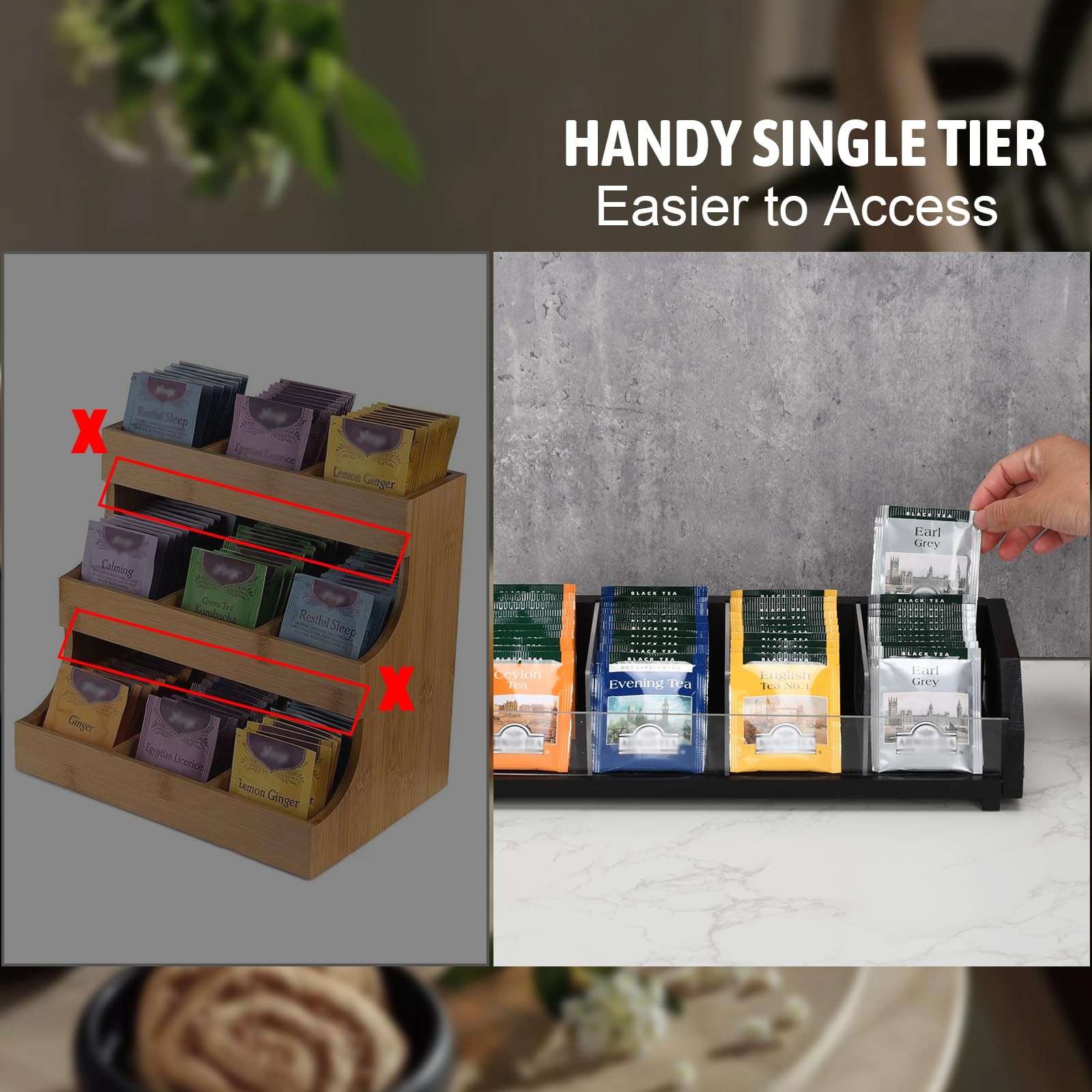 Tea Bag Holder Organizer Box with 4 Compartments, Pine Wood and Black
