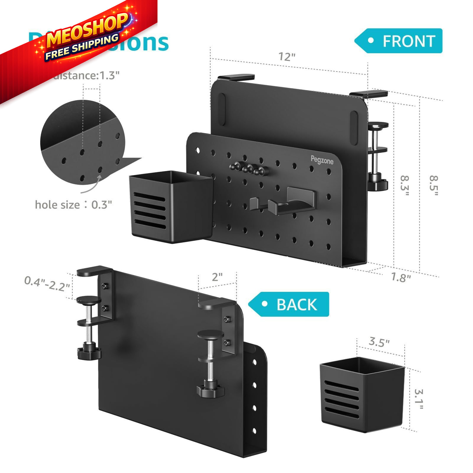 PEGZONE Desk Side Storage Organizer, No Drill 1.8 x 12 x 8.5 inches, Black