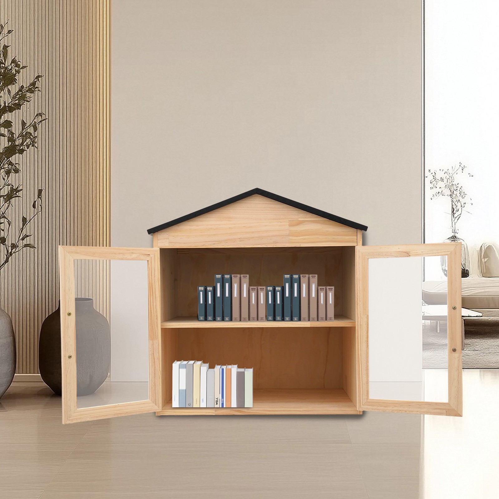 Outdoor Library Book Box Storage Wood Color Wooden Cabinet Little Literature Box