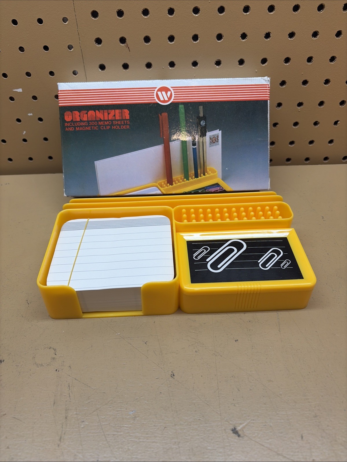 Vtg W brand Yellow organizer set Memo Sheets & Magnetic Paper Clip Holder RARE