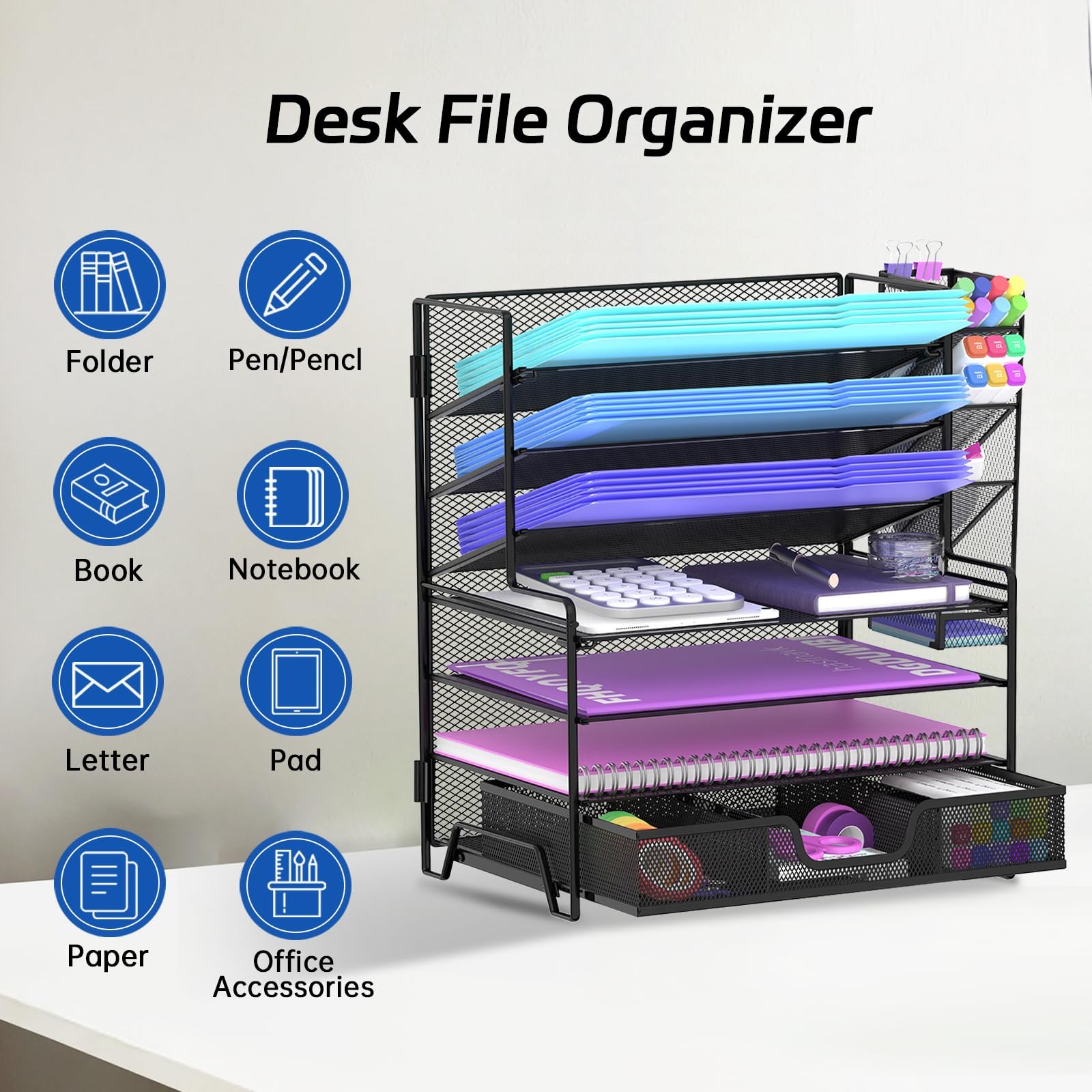 ReePlan 4 Tier Desk Organizer + 3 Tier File Holder + 4 Pen Holders + Drawer, …