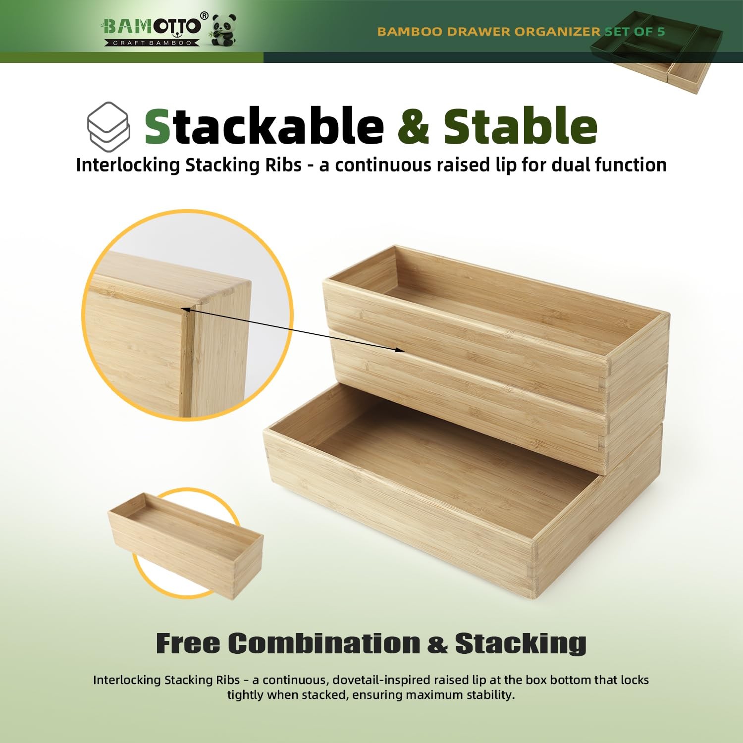 BAMOTTO CRAFTBAMBOO Stack 19.2″ L x 13.3″ W x 2.2″ H, Bamboo (5 Piece Set)