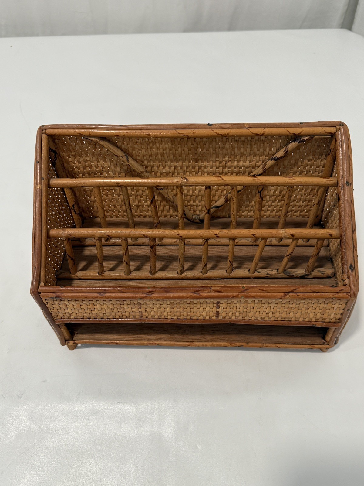 VTG Rattan Desk Organizer Letter Tray Bamboo Wicker Boho Hollywood Regency