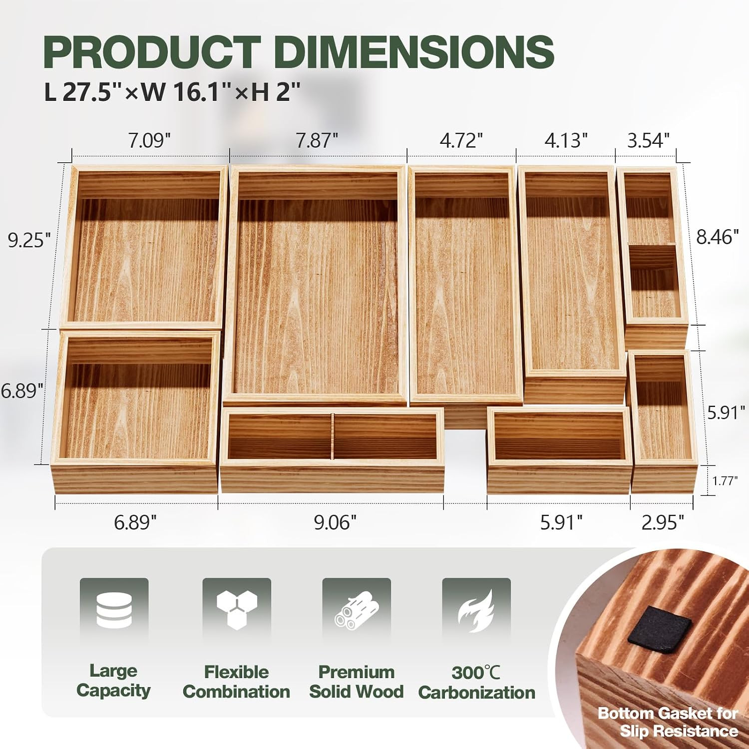 9-Pack Solid Wood Junk Drawer Organizer, Modular Desk Drawer Tray & Accessories