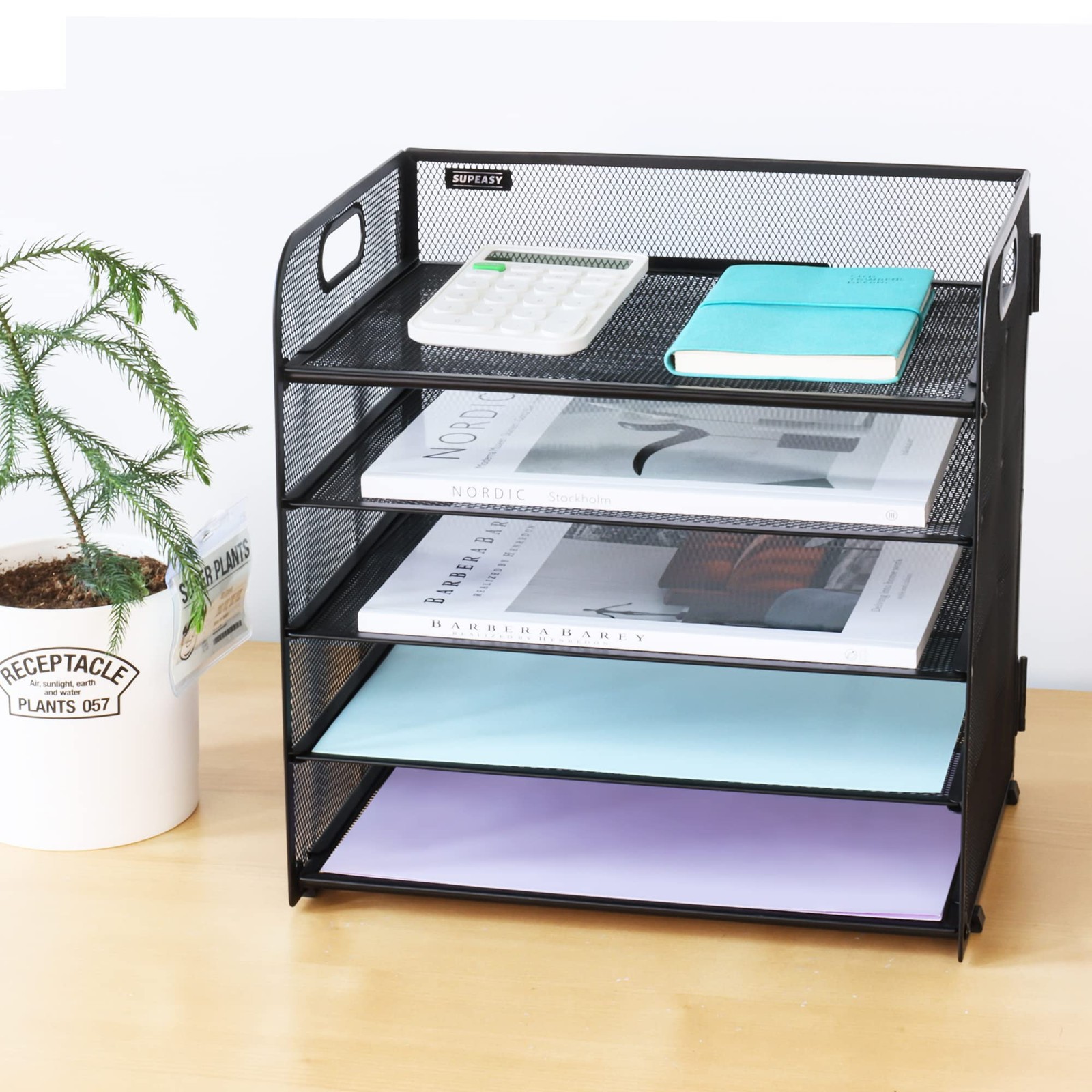 Mesh Desk File Organizer with Five Trays and Handle Paper Sorter for Office