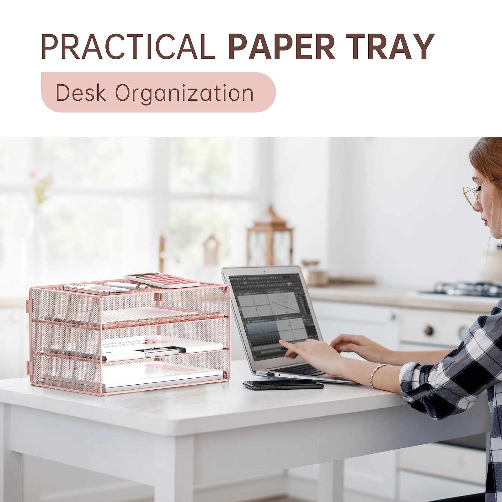 3 Tier Letter Tray Paper Organizer Mesh Metal Desk File Home Office Pink