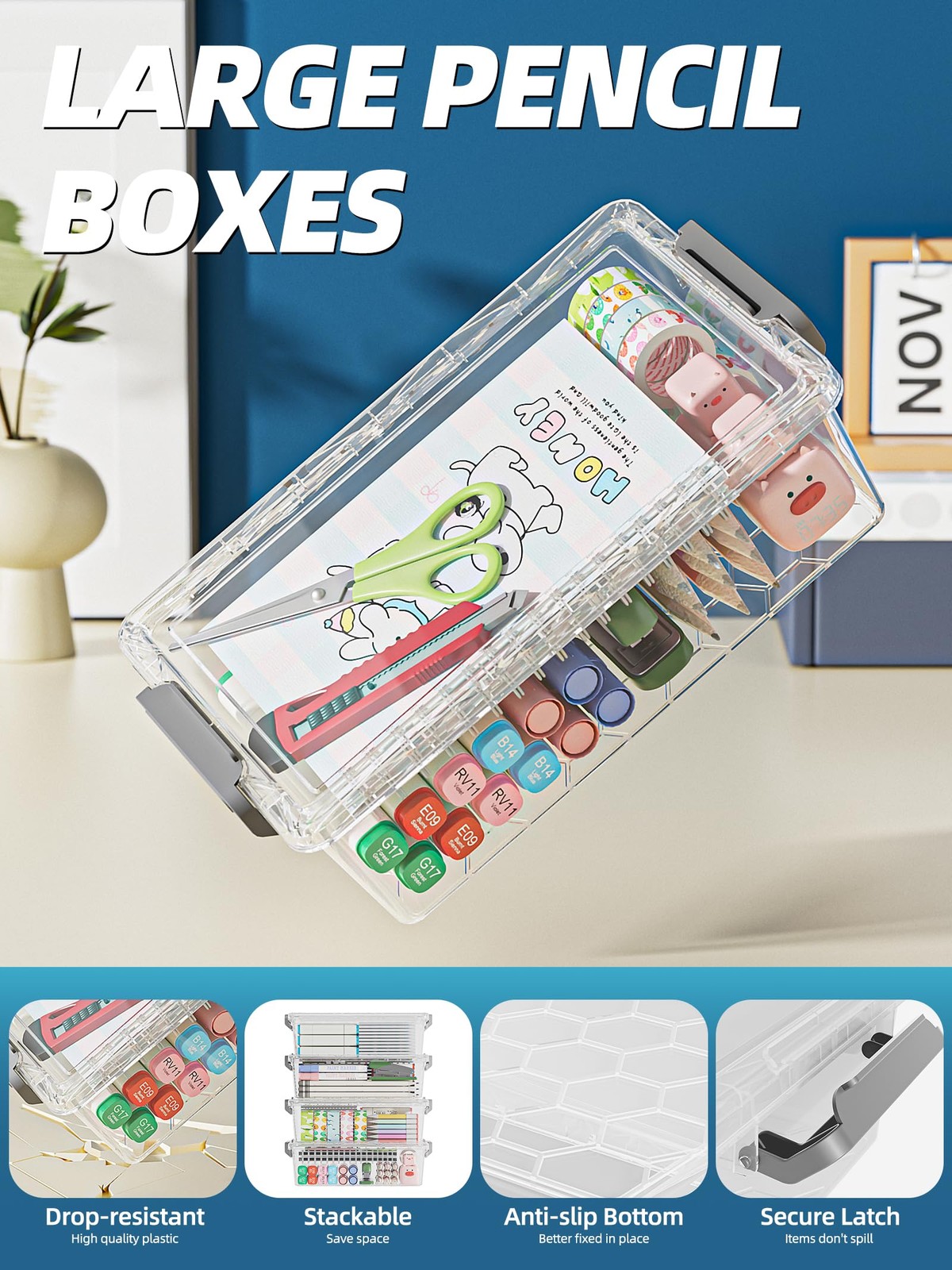 4 Pack Extra Large Pencil Box, Plastic Pencil Case Organizer, Clear Crayon Bo…