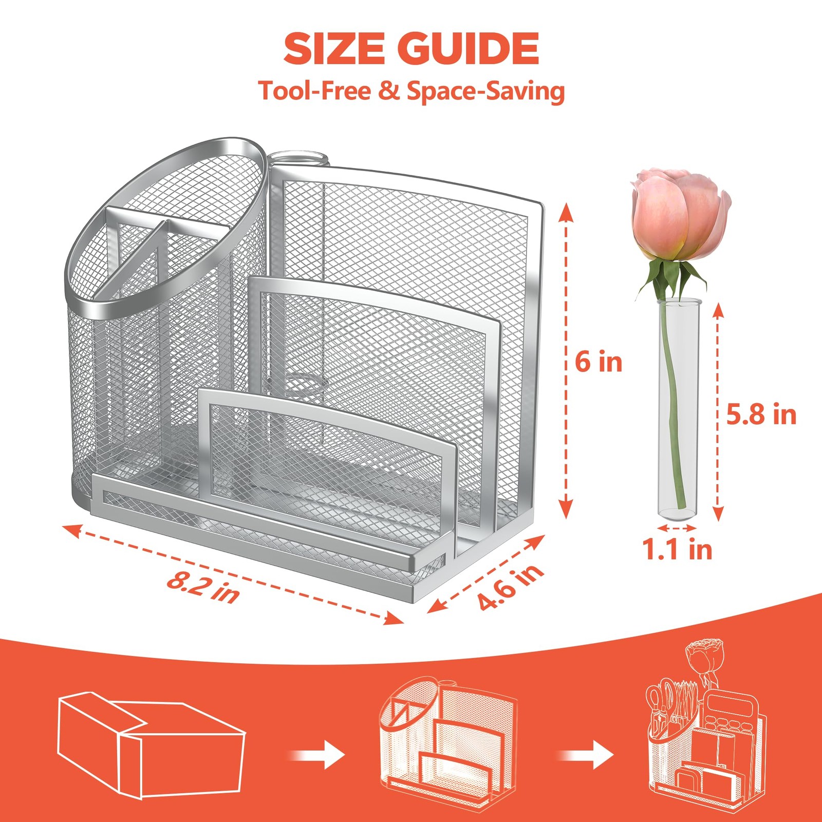 OrgMate 3 Compartment Pen Holder with Vertical Mail Organizer and Silver