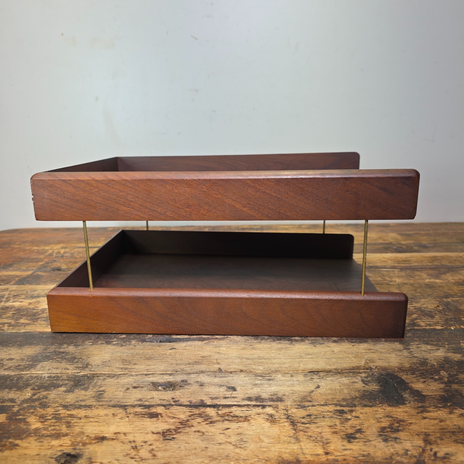 Vintage Carver Wood Products Desk Letter Tray 2 Tier Cherry Oak MCM Damage USA