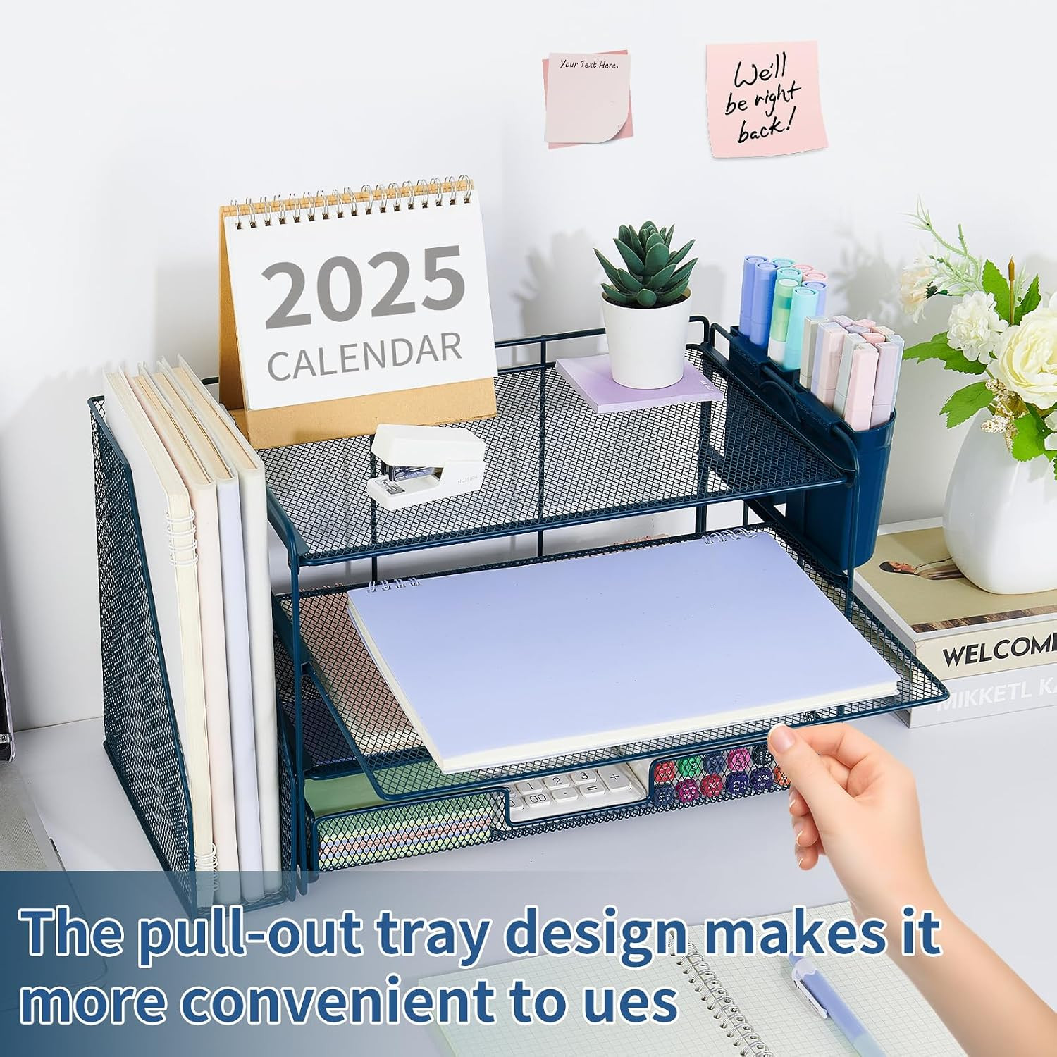 Desk Organizer, 4-Tier Desktop File Organizer with Drawer and 2 Pen Holders, Off