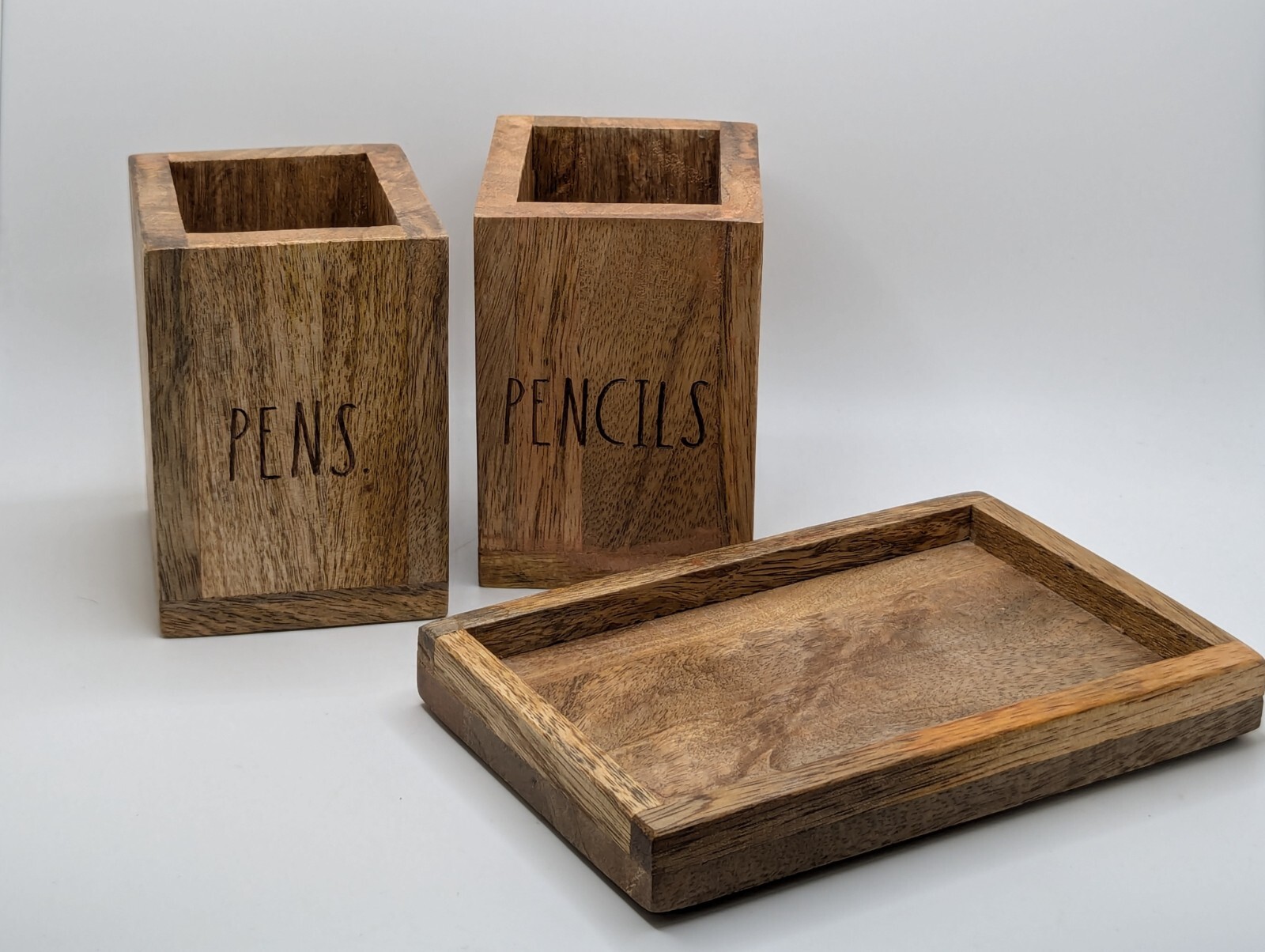 NEW Rae Dunn Wooden Pen and Pencil Holder with Base Tray Natural Wood Color