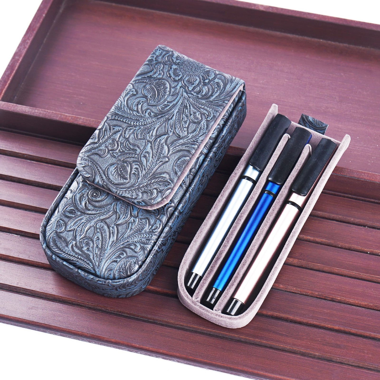 Leather Triple Pen Case Pencil Pouch Holder for Three Fountain Ballpoint Roll…