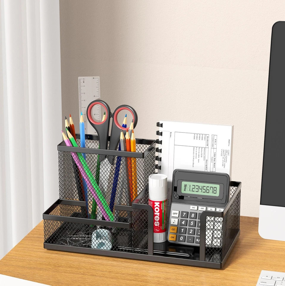 Black Mesh Desk Organizer 3 Compartments Pencil Holder Storage Baskets