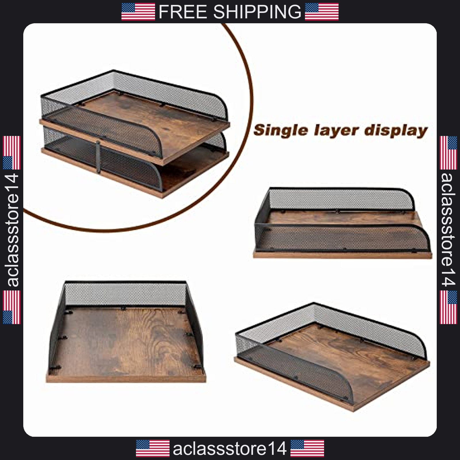 Vintage wood and metal letter tray set, desk organizer paper tray office file